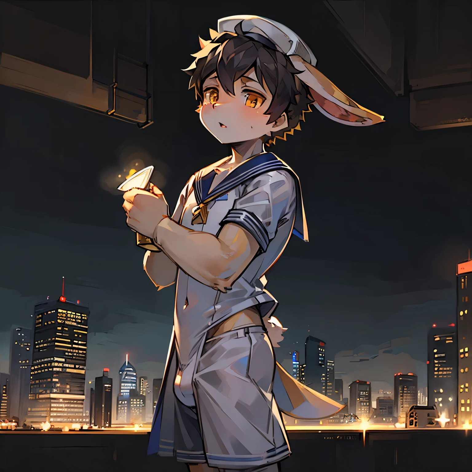 Bright outside，Lop-eared rabbit boy，Male focus，furry men，Characteristics of -year-boy，Ometer three height，Golden Eyes，Gray skin，Sailor Suit，Sailor Shorts，Sailor hat，City bright background