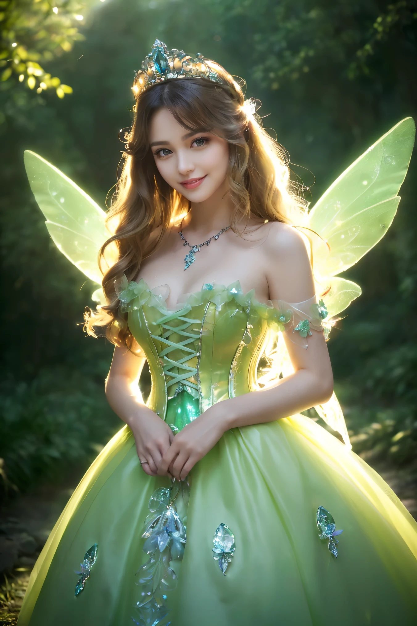 ((Tabletop、highest quality、8k、Extremely detailed and intricately detailed、The most complex and detailed textures、Ultra high definition、Bright and gentle lighting、The mildest texture、The smoothest texture))、(Beautiful waterfall in the background:1.3)、(Very delicate and shining tiny wings:1.2)、(A photo of the upper body of a standing princess:1.1)、(Sacred fairytale forest:1.2)、(Fairy wings with a very intricate pattern:1.2)、(The most luxurious and divinely shining Fairytale Light green princess dress:1.2)、((The most beautiful fairy tale forest princess Fairy tale princess、High saturation、Lovely little fairy wings that sparkle、Fairy-tale-like brilliance、The finest dresses with intricate embellishments.、Shining transparent fairy tale wing untouchable, Fairytale Light、The background is a complex and sacred forest、優しいFairytale Light、Fairytale Sparkle、Fairytale atmosphere、Fantasy、The most intricate and sacred dress、The most beautiful fairy princess in the world、Faithfully reproducing the sacred atmosphere, Perfection in every detail、The most complex and detailed forest、The most sacred and luxurious princess dress、 Calm and light-filled、Gorgeous tiara and necklace、A forest filled with sacred light、Fantasy、Overgrown trees々々、A forest surrounded by sacred light、Very calm and bright、Half Japanese, half Russian、blue eyes、Blonde、The best smile when you see me、Beautiful wavy hair、The most gorgeous and elaborate dresses、The most beautiful smile looks at me、Slime-ified、Breasts so big that they almost burst、Very thin divine corset))
