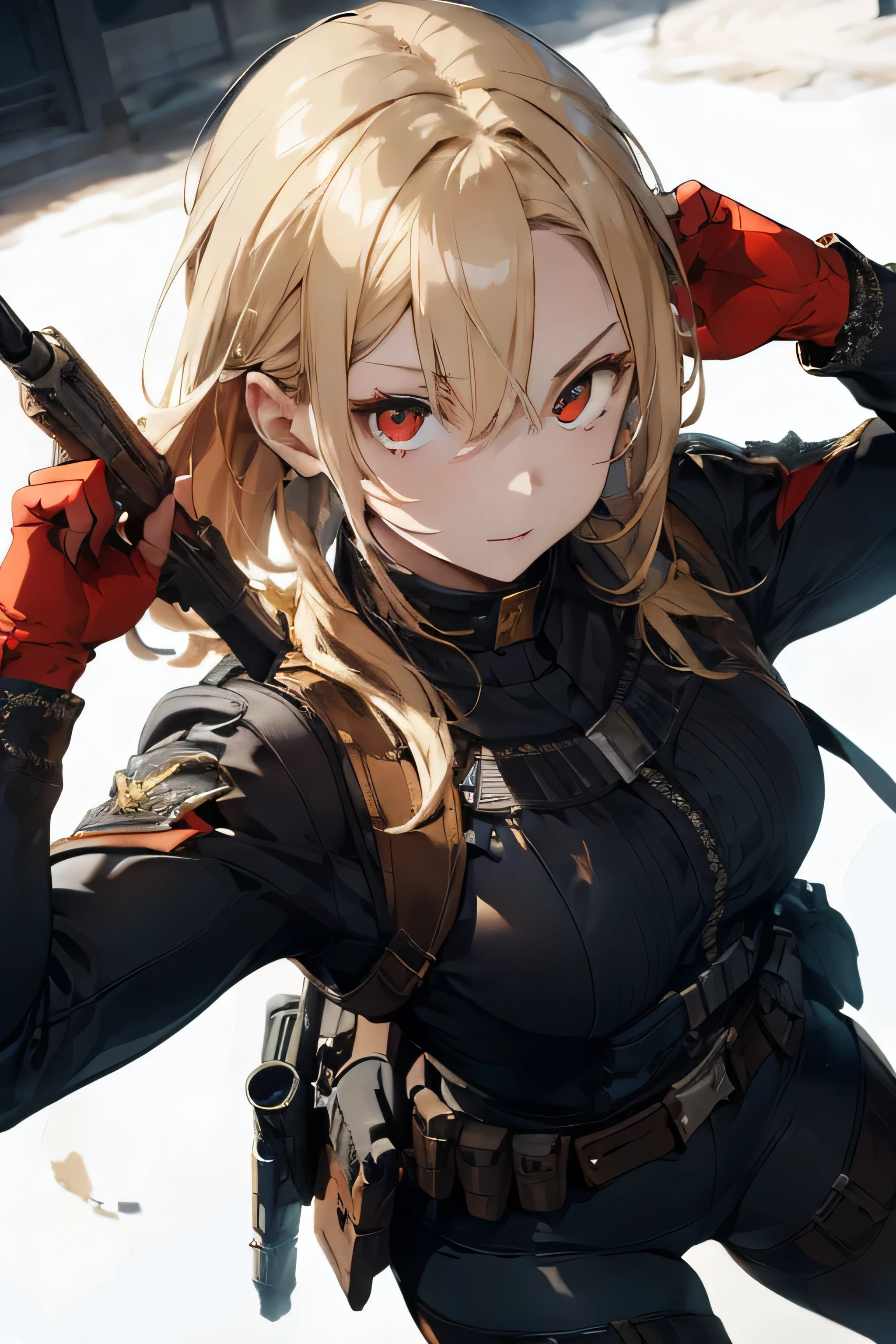 ((highest quality)), ((masterpiece)), (detailed),Perfect Face,blonde,red eyes,Fair skin,Armament,Gunfight,military,from above,curvy,hair over one eye