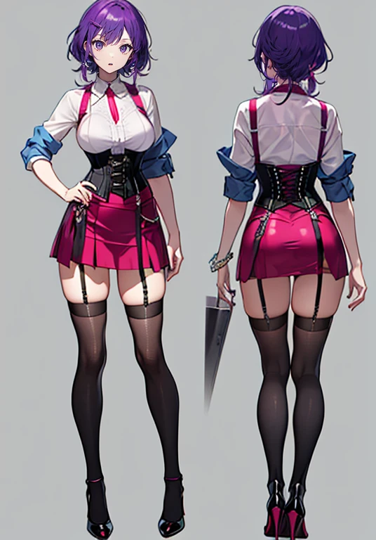 Purple Hair,Shortcuts,Adult female,(((Bartender))),((Body Harness)),((Rolling up your sleevesYshirt)),(Corset),(Tight Skirt),((Garter Belt)),High Heels,((Simple Background)),Smile,((Full Body)),((whole body)),Character Sheet,