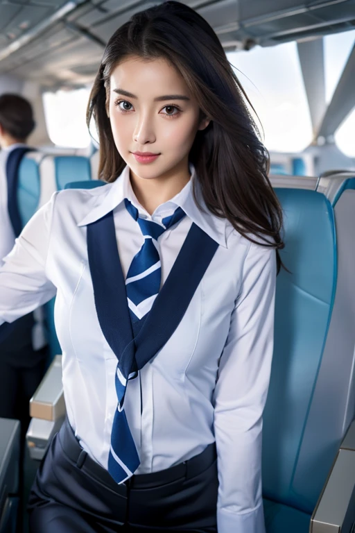 Top Quality, Masterpiece, 8K, Ultra High Definition, (Photorealistic: 1.4), 1 Girl, Beautiful Face, Symmetrical Eyes, Big, Perfect Body Proportions, Stewardess Uniform, Viewer's Look, (Inside the Airplane: 1.2), Front View, Shoulder Jump, Absolute Area (1.3),