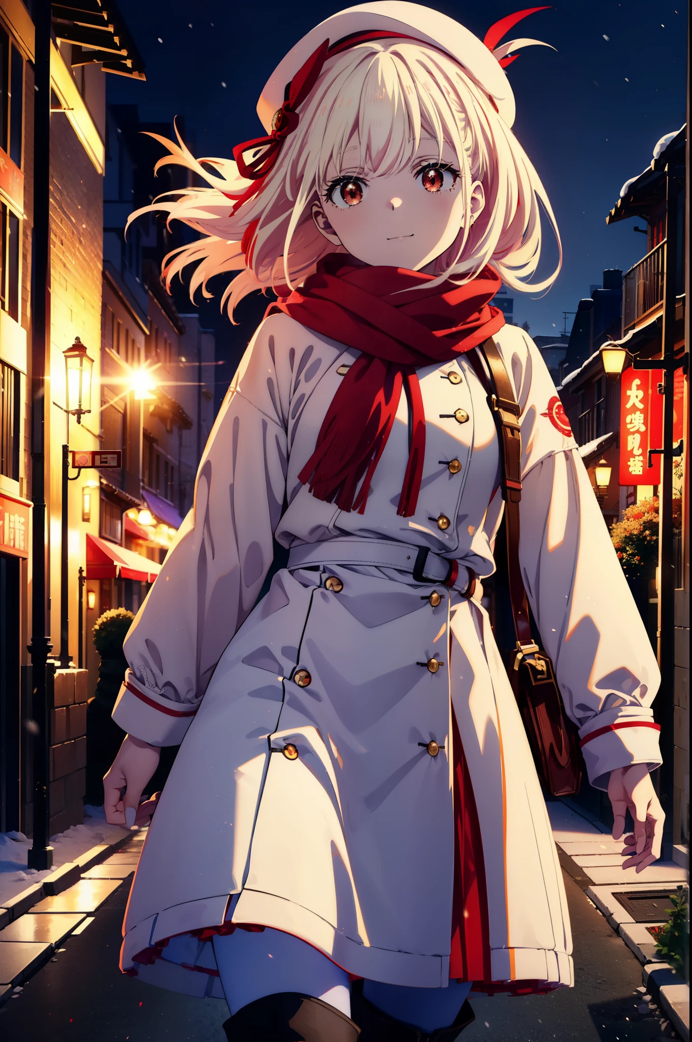 chisatonishikigi, nishikigi chisato,Long Hair , bangs, blonde, (Red eyes:1.5),happy smile, smile, Open your mouth,White knit hat,Yellow coat,Red Scarf,White Sweater,He has fluffy white gloves on both hands.,Long skirt,Black pantyhose,short boots,Shirogane World,Snow is piling up,that'it's snowing,that'it's snowing,winter,Cold Sky,moonlight,full moon,night,
break looking at viewer, whole body, Upper Body,(Cowboy Shot:1. 5)
break outdoors, cthaty,Building Street,
break (masterpiece:1.2), highest qualthaty, High resolution, unthaty 8k wallpaper, (shape:0.8), (Beautiful and beautiful eyes:1.6), Highly detailed face, Perfect lighting, Extremely detailed CG, (Perfect hands, Perfect Anatomy),