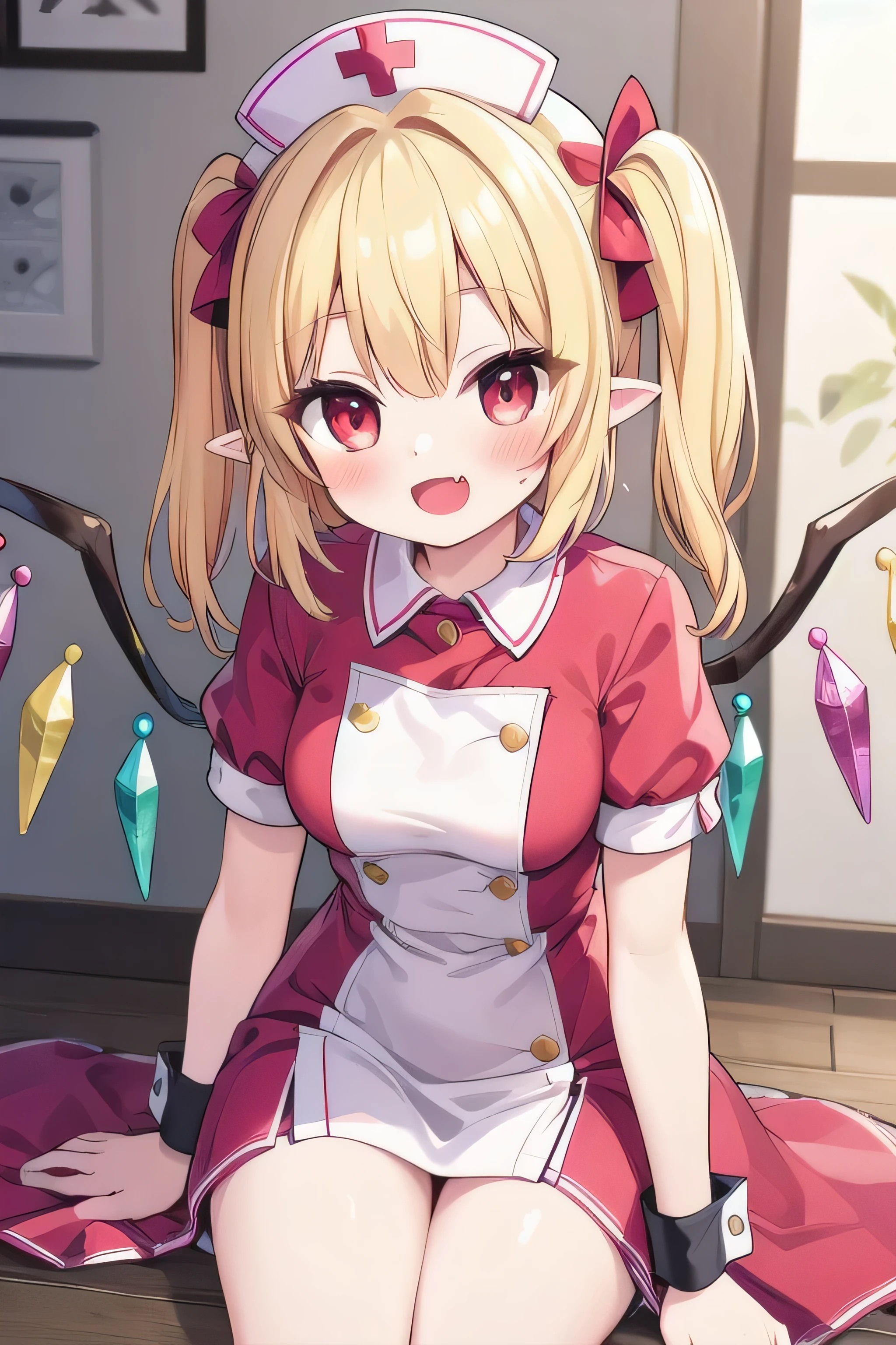 masterpiece, top quality, super detailed, CG illustration, high resolution, better lighting, best shadows, very delicate and beautiful, proper shading, hd, 8k,flandre scarlet, 1girl, solo, long hair, breasts, looking at viewer, blush, smile, open mouth, bangs, blonde hair, red eyes, hat, dress, sitting, short sleeves, :d, thighs, wings, alternate costume, pointy ears, fang, hand up, wrist cuffs, alternate hairstyle, arm support, white headwear, one side up, crystal, nurse cap, nurse