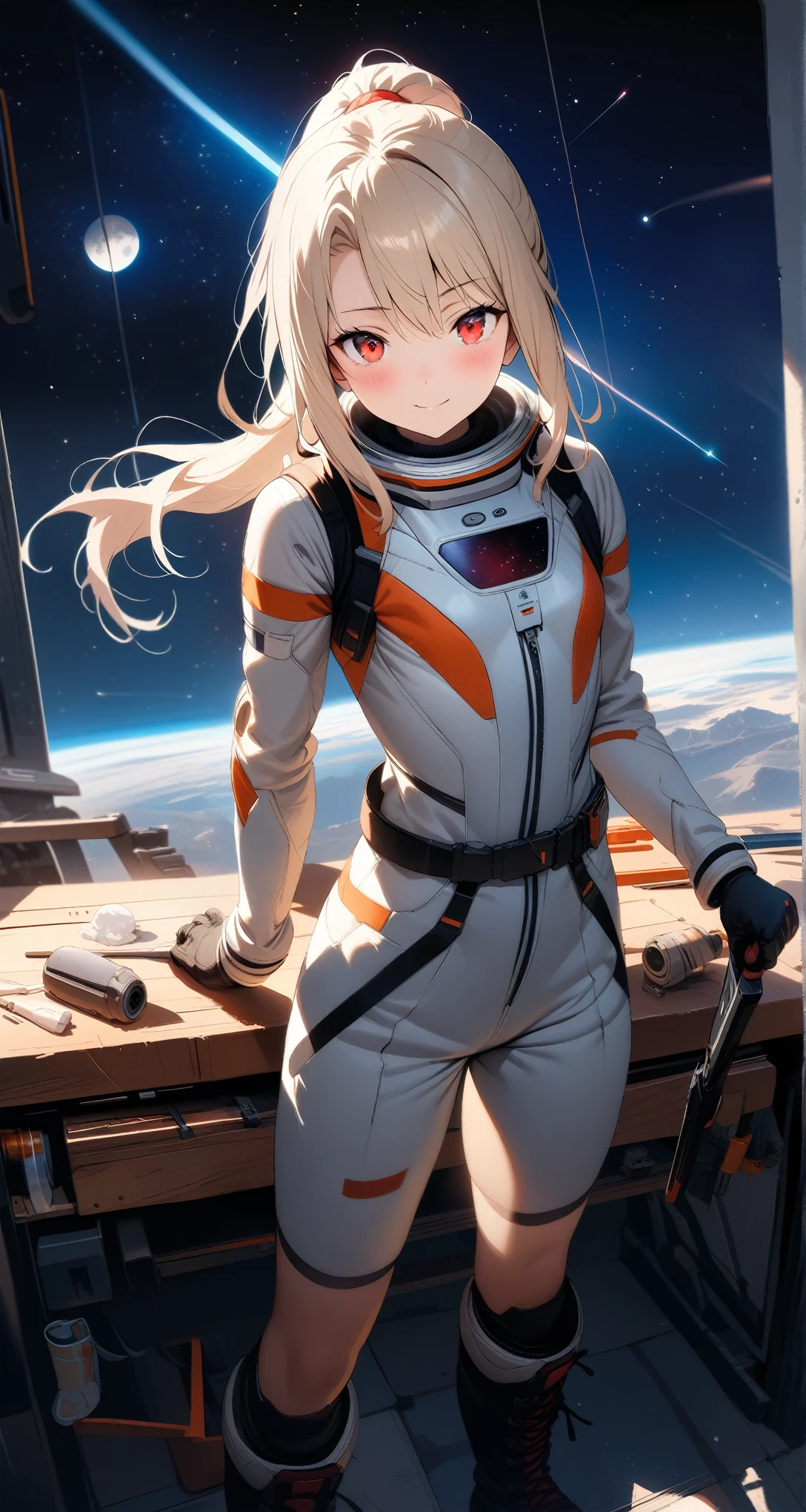 high-key and low-variance brightness scale,soft light,realistic light and shadow, light and dark interlaced,(wide shot:1.3),female focus,looking at viewer,dramatic angle,(solo:1.6)
(masterpiece),(best quality),(highres),(by famous artist),(((official art))),(by Paul Hedley),(illustration),(science fiction),(Sci-fi style),(Mechanical style)
1girl,astronaut,(illyasviel von einzbern),
(small_breasts),(whole body),(slim legs),lustrous skin,shiny skin,(detailed beautiful thighs),(articulated fingers)
(space suit),(space helmet:1.5),(combat boots),(belt)
outdoor,in the universe,starry sky,clusters of stars,colorful startrails,shooting star,the Earth,full moon
((seductive smile)),blush,((standing)),(fixing weapon on the workbench:1.4)
(red eyes),
(cream long hair),(ponytail:1.4),(reflective hair)