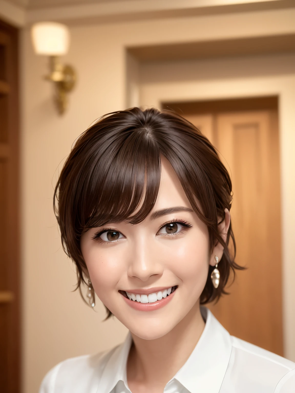 highest quality, whole body, masterpiece, Ultra-high resolution, Realistic, Very detailed, Professional lighting smile, Eagle Nose, short hair, White shirt, Face Length