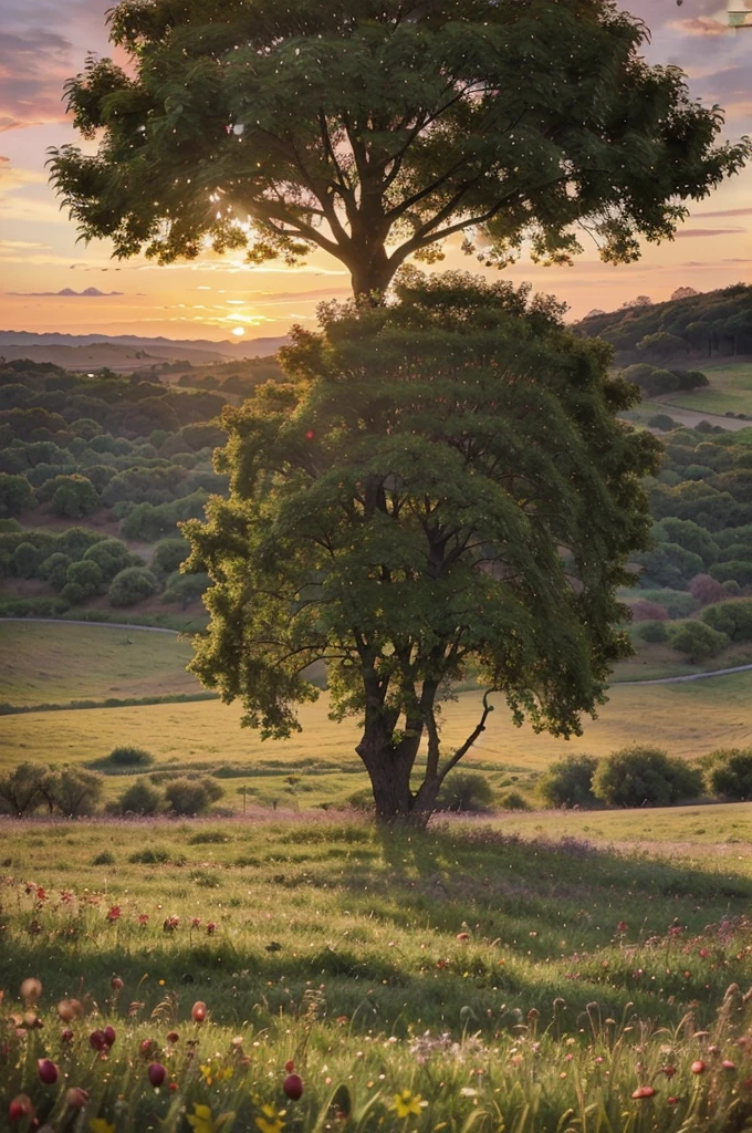 Envision a serene landscape at sunset, dominated by a majestic, large apple tree in full bloom in the center of a lush meadow. The tree is ancient and gnarled, its thick branches laden with bright red apples, creating a vibrant contrast against the soft green leaves. Beneath the tree, the grass is dotted with fallen apples and wildflowers in shades of yellow and purple. In the background, gentle rolling hills fade into a distant horizon painted with hues of orange, pink, and purple from the setting sun. A small, tranquil stream meanders through the meadow, reflecting the warm sky and the silhouette of the apple tree."