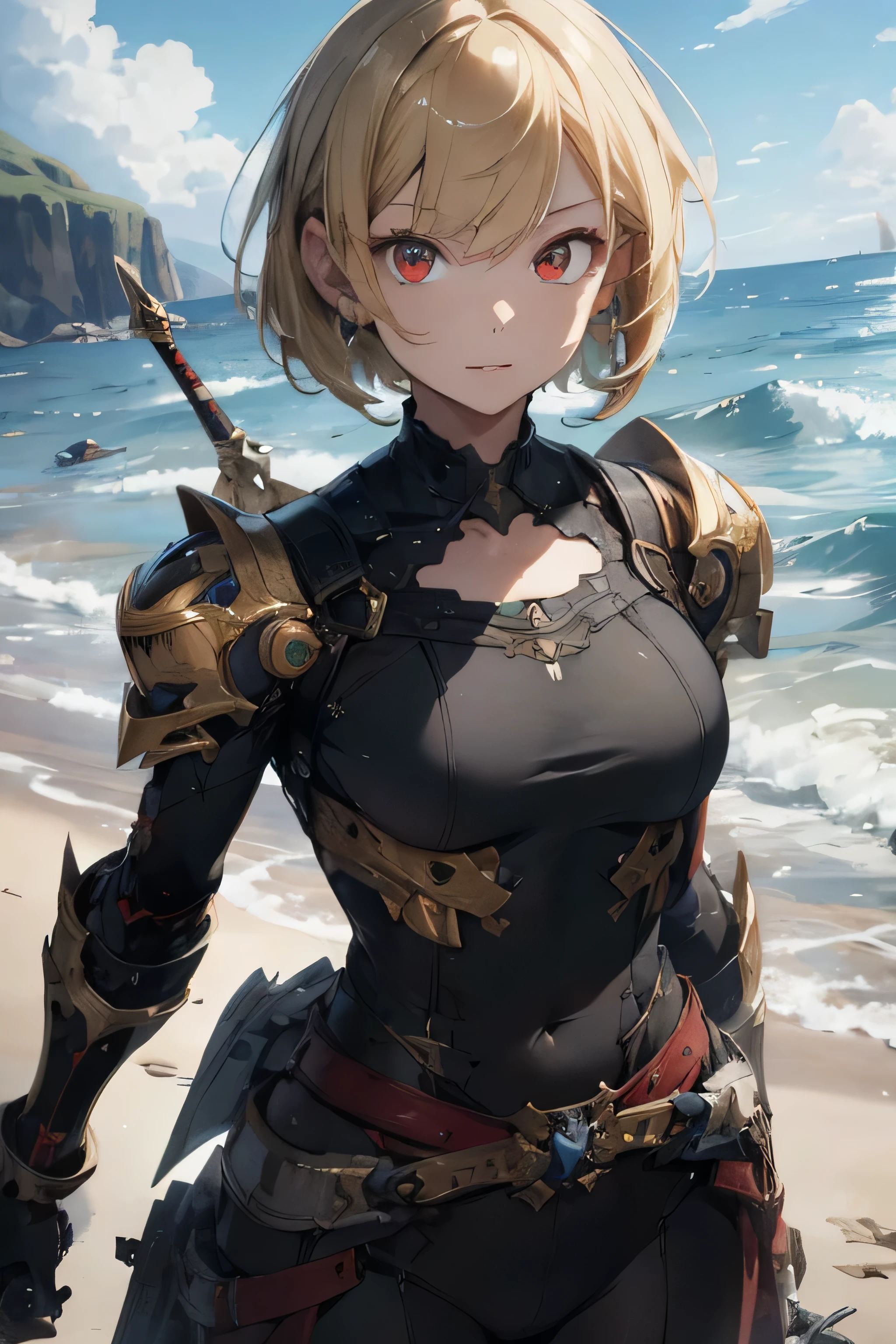 (masterpiece:1.2), (highest quality:1.2), Upper body, perfect eyes, perfect face, perfect lighting, desert Upper body, big breasts ((((white bikini armor)))), nsfw, , 1 boy,blonde red eyes, ((((((hair over one eye,)))))), single braid, side braid, spike hair, dull bangs, bob hair, Ahoge, cute eyes looking at the viewer ((From above)), ((abs)), Are standing, (fang), hands on hips