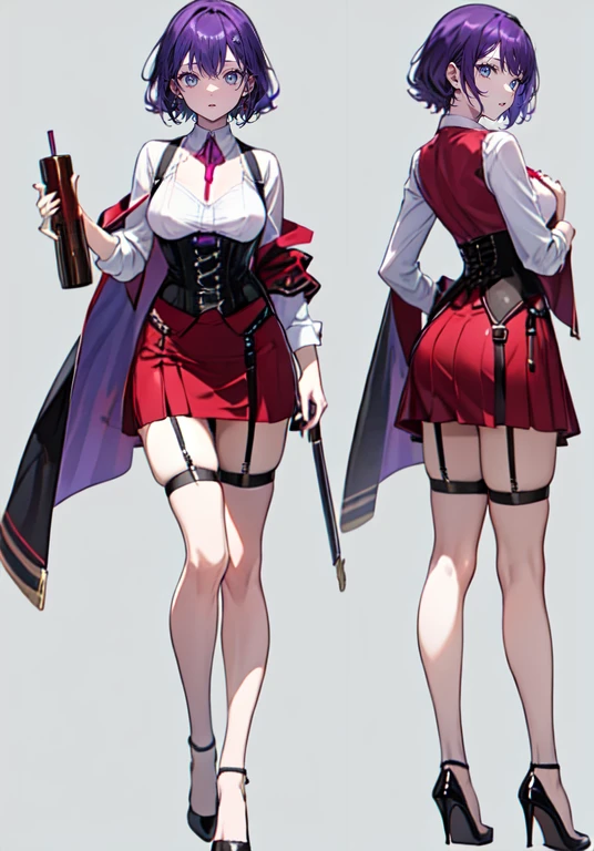 Purple Hair,Shortcuts,Adult female,(((Bartender))),((Body Harness)),((Rolling up your sleevesＹshirt)),(Corset),(Tight Skirt),((Garter Belt)),High Heels,((Simple Background)),Smile,((Full Body)),((whole body)),Character Sheet,