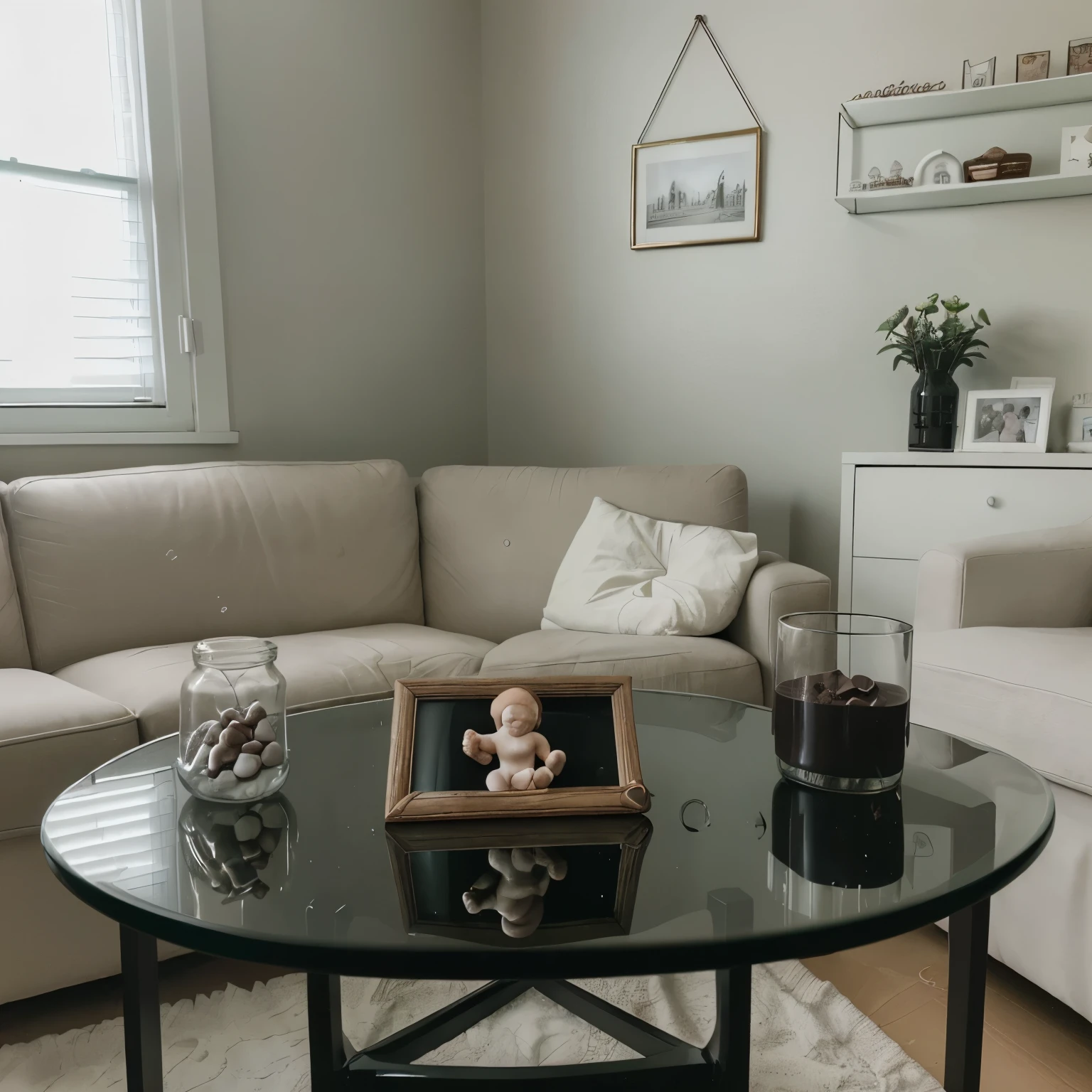 simple baby photo frame with small angel figurines on top of the black glass table. at the back there's a chocolate colored couch and besides of it has a white vase, and a window dim light