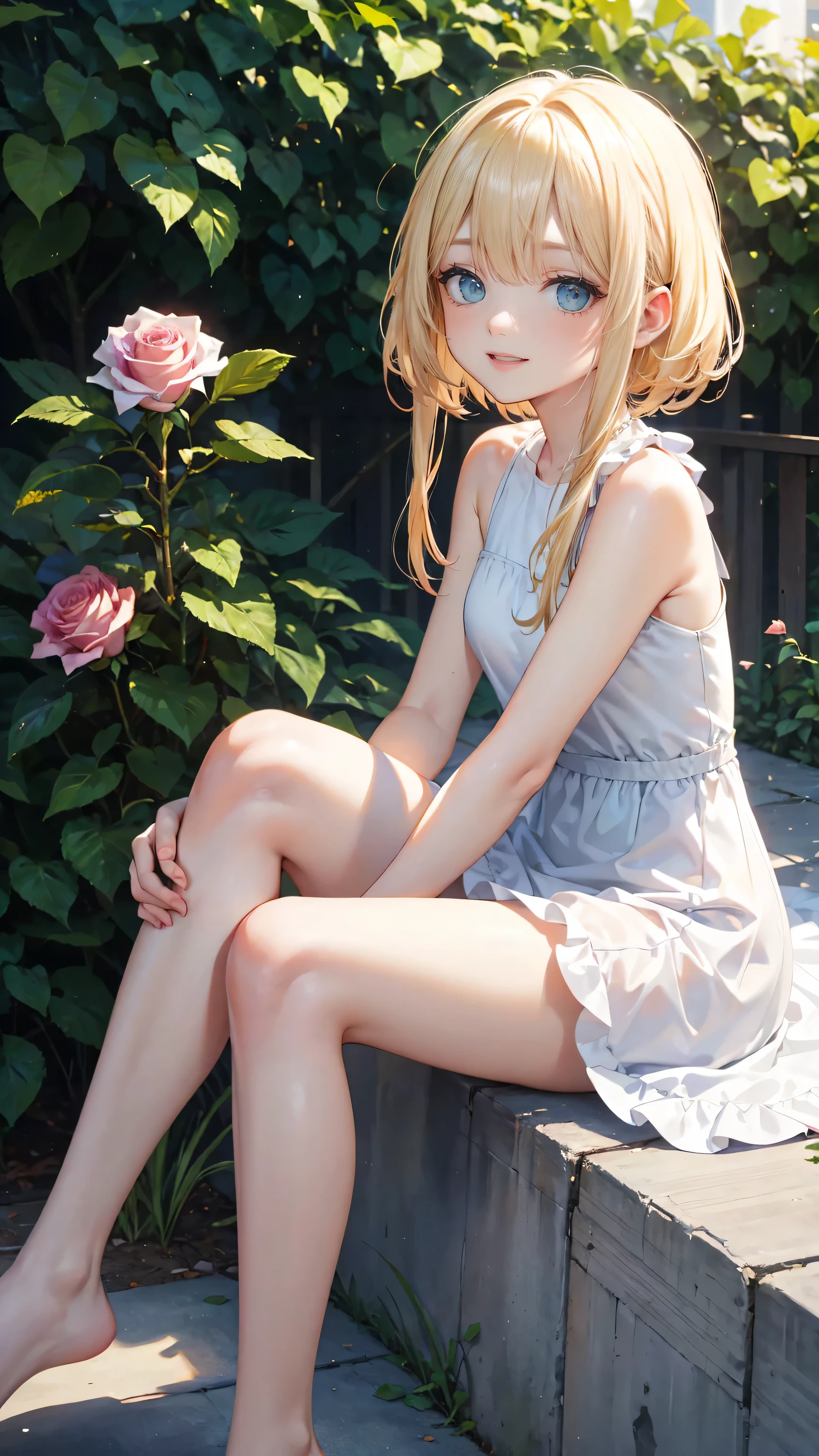 Very cute girl、(I' 8 y、(Natural Blonde Hair)、(Shortcuts)、Bangs too close to the eyes、(Light Emerald Eye)、(Normal Human Ear)、Thin arms、Beautiful body、Thin legs、、Translucent white skin、Happy smile、Open your mouth、(Cute one-piece dress).(Rose Garden)、Playing innocently、Ultra HD、Digital SLR、Ultra HD、Many colorful roses blooming in the background、Upper Body Shot、Sitting with legs crossed、Sitting with knees hugged、running、