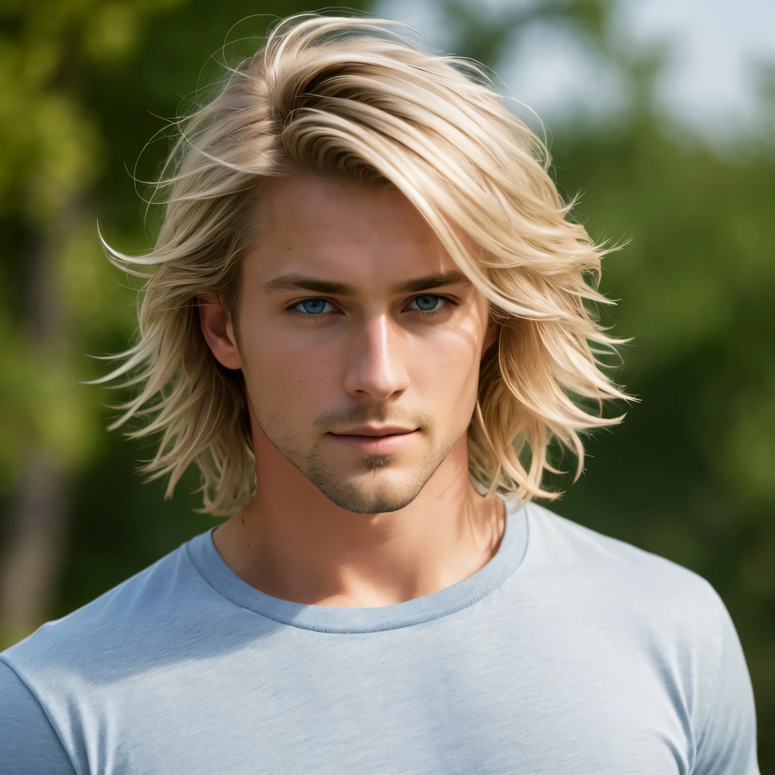 photo of a stunning handsome man, Blue eyes, short, disheveled, Blonde hair, hair flipping, Close-up, enlarged in a narrow frame, full height, (photorealistic:1.2) (hips:1.2) (Best quality) (Color correction) (detailed skin:1.3) (difficult) (8K) (HDR) (cinematic lighting:1.3) (sharp focus), Wild hair, looks at the camera, in a T-shirt