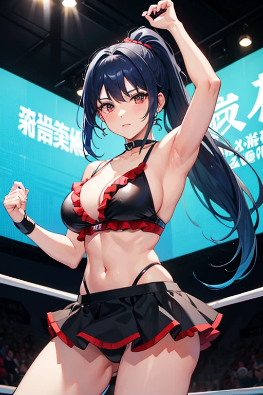 female professional wrestler
Blue hair, ponytail, black, red frill skirt, bikini costume, drop kick, women's wrestling