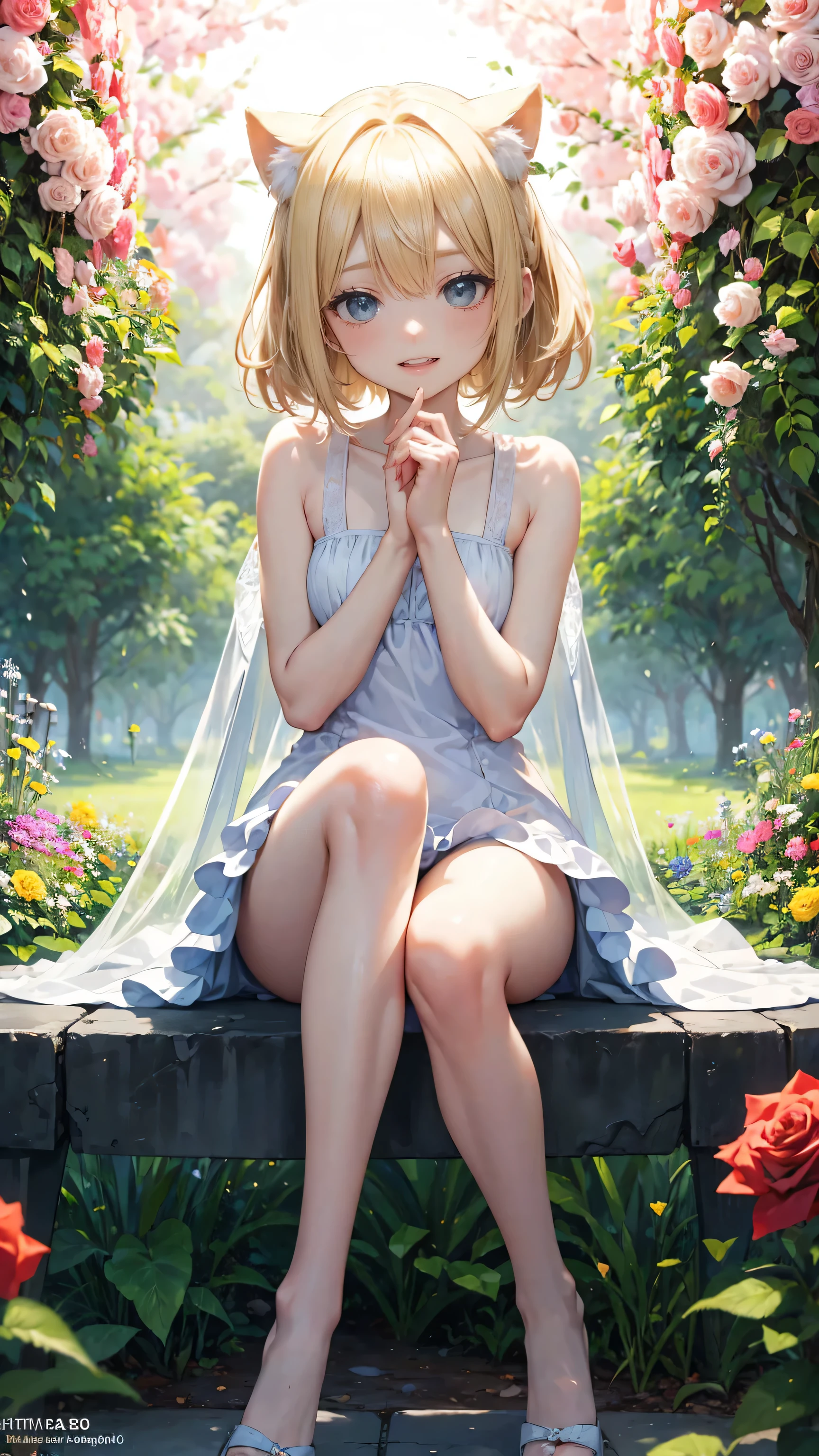 Very cute girl、(I'm )、(Natural Blonde Hair)、(Shortcuts)、Bangs too close to the eyes、(Light Emerald Eye)、(Normal Human Ear)、Thin arms、Beautiful body、Thin legs、、Translucent white skin、Happy smile、Open your mouth、(Cute one-piece dress).(Rose Garden)、Playing innocently、Ultra HD、Digital SLR、Ultra HD、Many colorful roses blooming in the background、Upper Body Shot、Sitting with legs crossed、Sitting with knees hugged、running、
