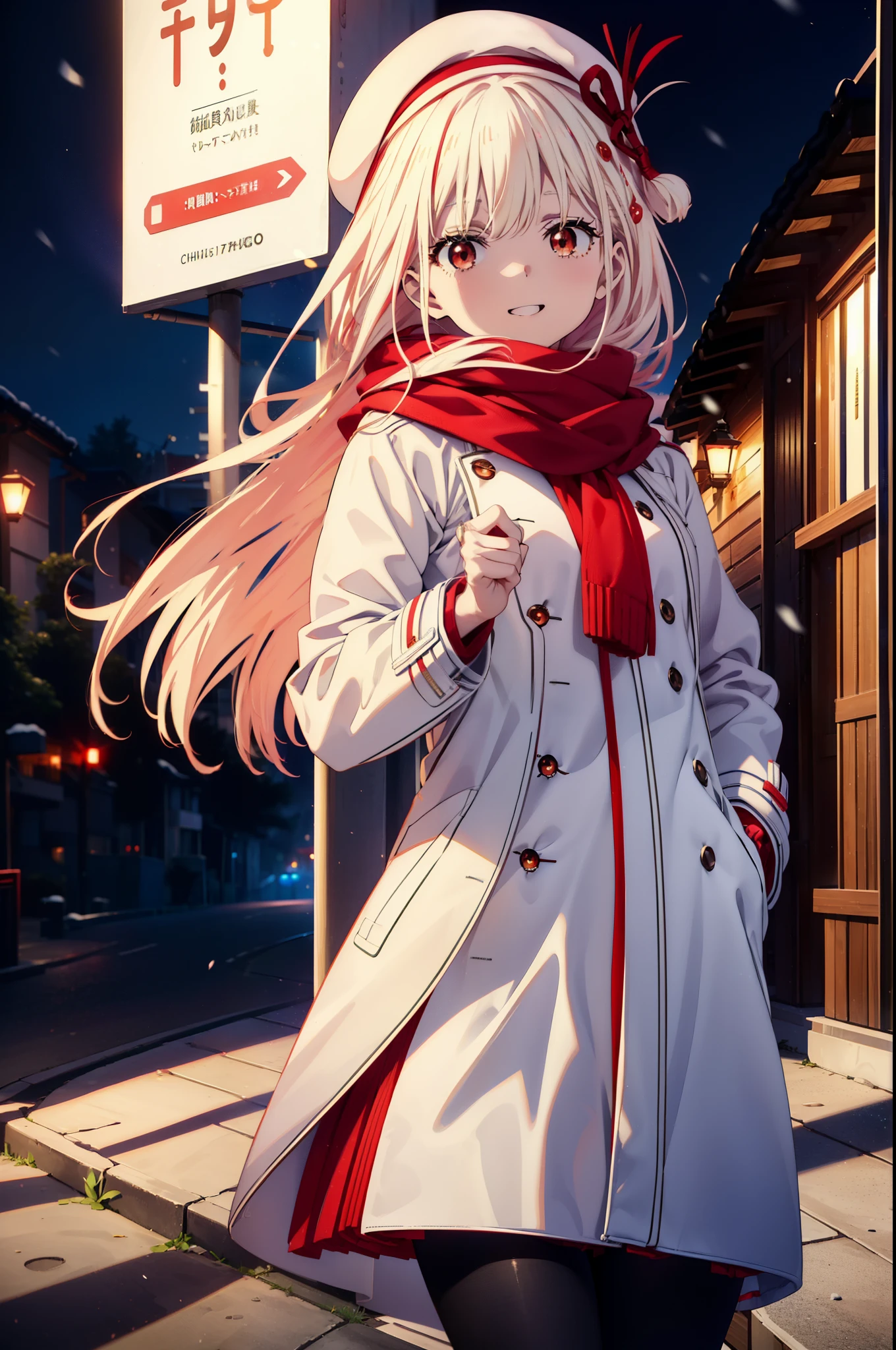 chisatonishikigi, nishikigi chisato,Long Hair , bangs, blonde, (Red eyes:1.5),happy smile, smile, Open your mouth,White knit hat,White Coat,Red Scarf,White Sweater,Hands in coat pockets,Long skirt,Black pantyhose,short boots,Shirogane World,Snow is piling up,that'it's snowing,that'it's snowing,winter,Cold Sky,moonlight,full moon,night,
break looking at viewer, whole body, Upper Body,(Cowboy Shot:1. 5)
break outdoors, cthaty,Building Street,
break (masterpiece:1.2), highest qualthaty, High resolution, unthaty 8k wallpaper, (shape:0.8), (Beautiful and beautiful eyes:1.6), Highly detailed face, Perfect lighting, Extremely detailed CG, (Perfect hands, Perfect Anatomy),