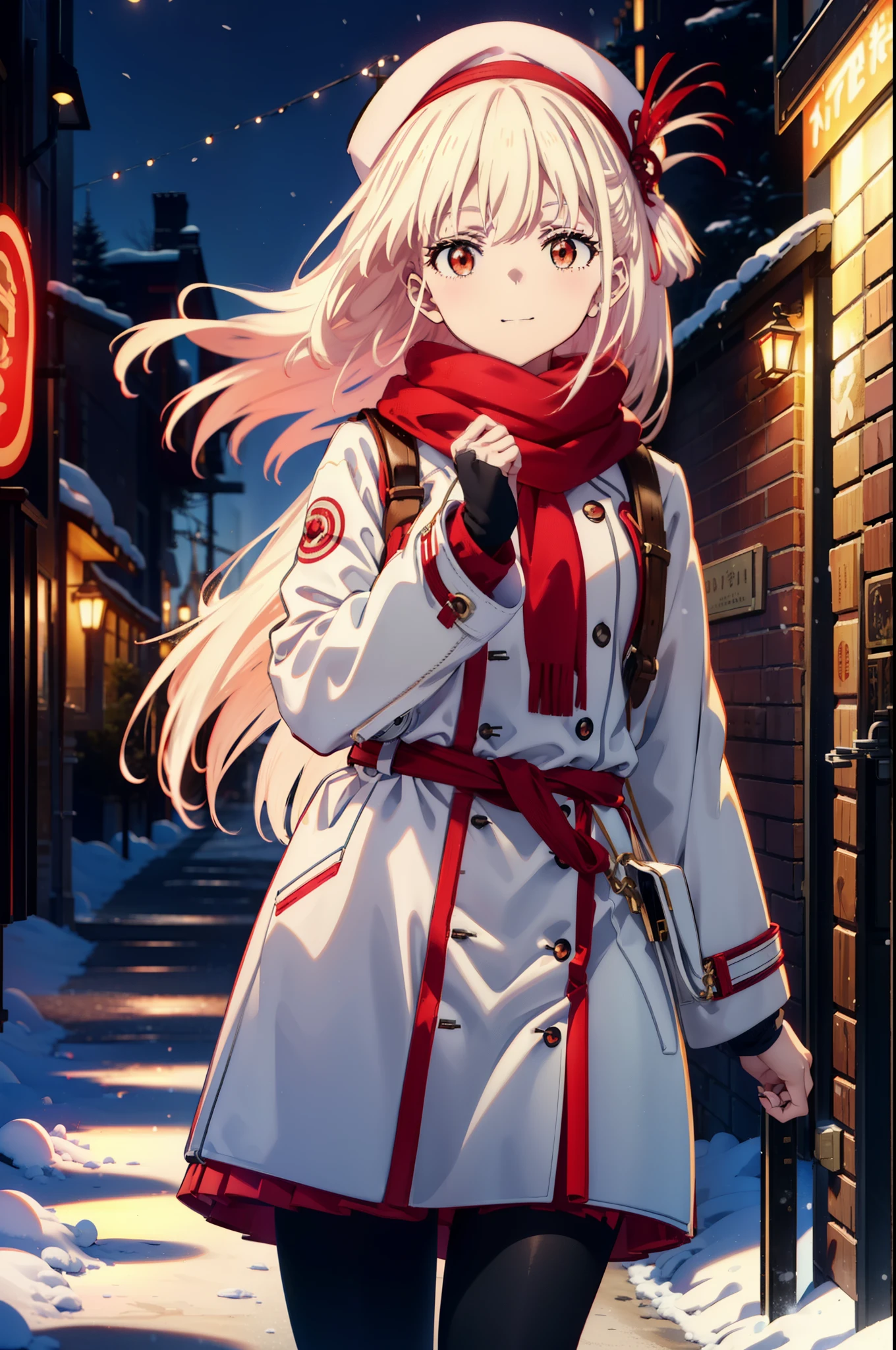 chisatonishikigi, nishikigi chisato,Long Hair , bangs, blonde, (Red eyes:1.5),happy smile, smile, Open your mouth,White knit hat,White Coat,Red Scarf,White Sweater,Hands in coat pockets,Long skirt,Black pantyhose,short boots,Shirogane World,Snow is piling up,that&#39;it&#39;s snowing,that&#39;it&#39;s snowing,winter,Cold Sky,moonlight,full moon,night,
break looking at viewer, whole body, Upper Body,(Cowboy Shot:1. 5)
break outdoors, cthaty,Building Street,
break (masterpiece:1.2), highest qualthaty, High resolution, unthaty 8k wallpaper, (shape:0.8), (Beautiful and beautiful eyes:1.6), Highly detailed face, Perfect lighting, Extremely detailed CG, (Perfect hands, Perfect Anatomy),