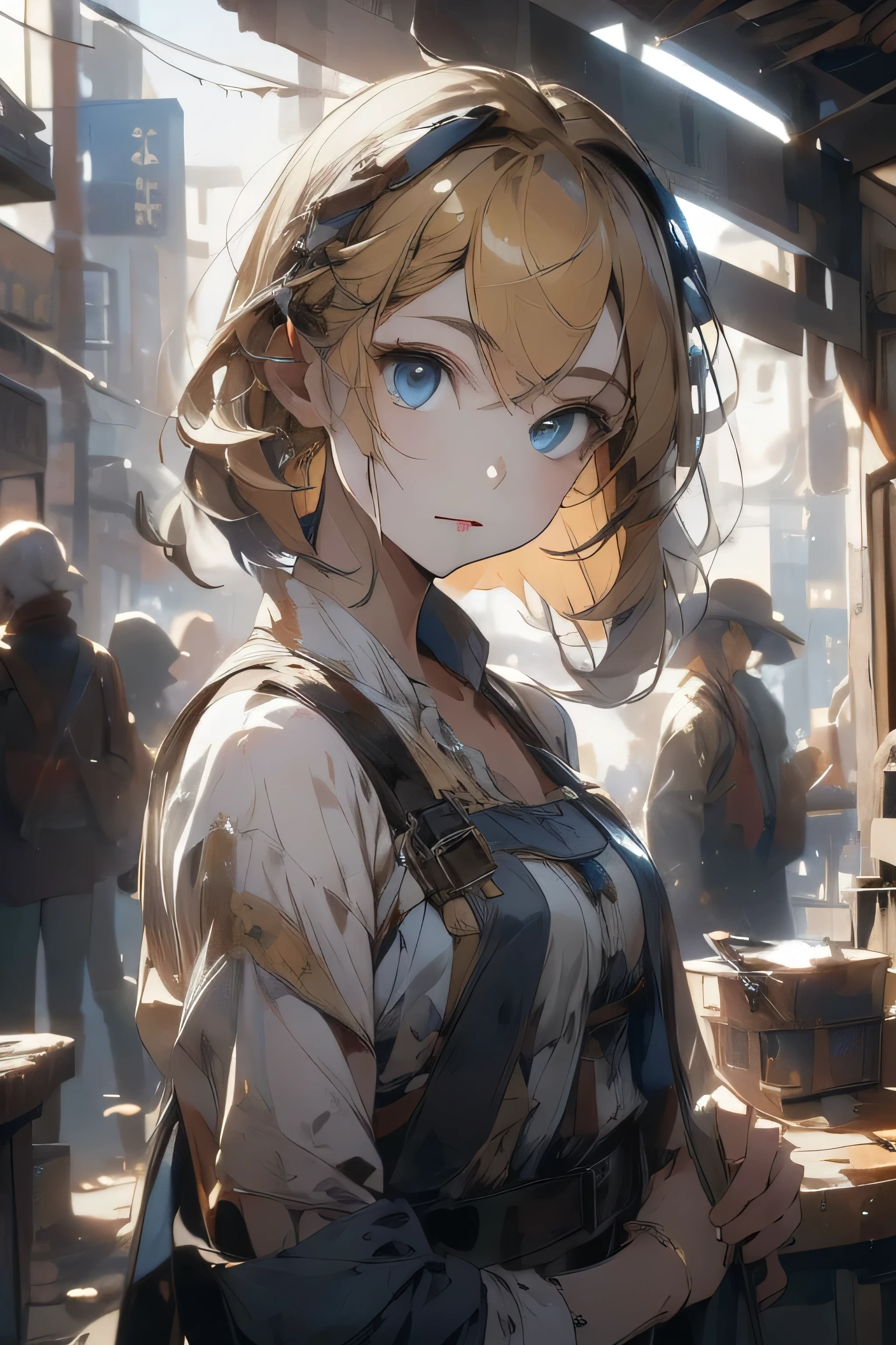 ((highest quality)), ((masterpiece)), (detailed),(pettie),Perfect Face,Blonde,blue eyes,Fair skin,rifle,Bob,ruins