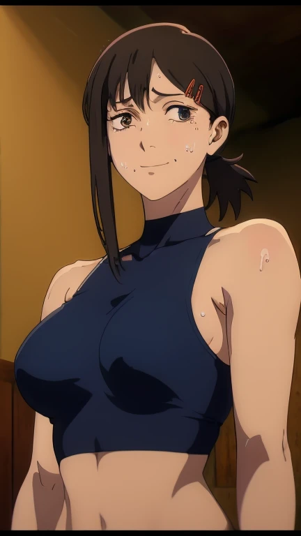 a picture, inspired by Kentaro Miura, trending on pixiv, Kobeni from Chainsawman anime, wearing a low cut croptop, wearing croptop, croptop, golden raito, (winking), large)}], favorite scene, fine details. anime. skins, sweating, big breasts, both hands raised, armpits, armpits visible, dripping with sweat, more more sweat, sweaty armpits, smile