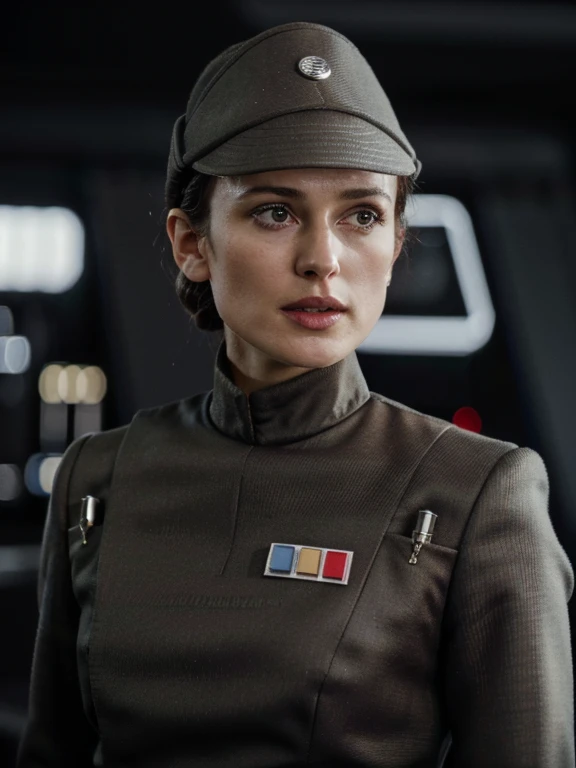 Kiera Knightley, olive gray imperial officer uniform, hat, gloves, brown hair in bun, star destroyer bridge, closeup, (best quality,4k,8k,highres,masterpiece:1.2), ultra-detailed, (realistic,photorealistic,photo-realistic:1.37), vivid colors, portraits, bokeh, cinematic lighting, intense gaze