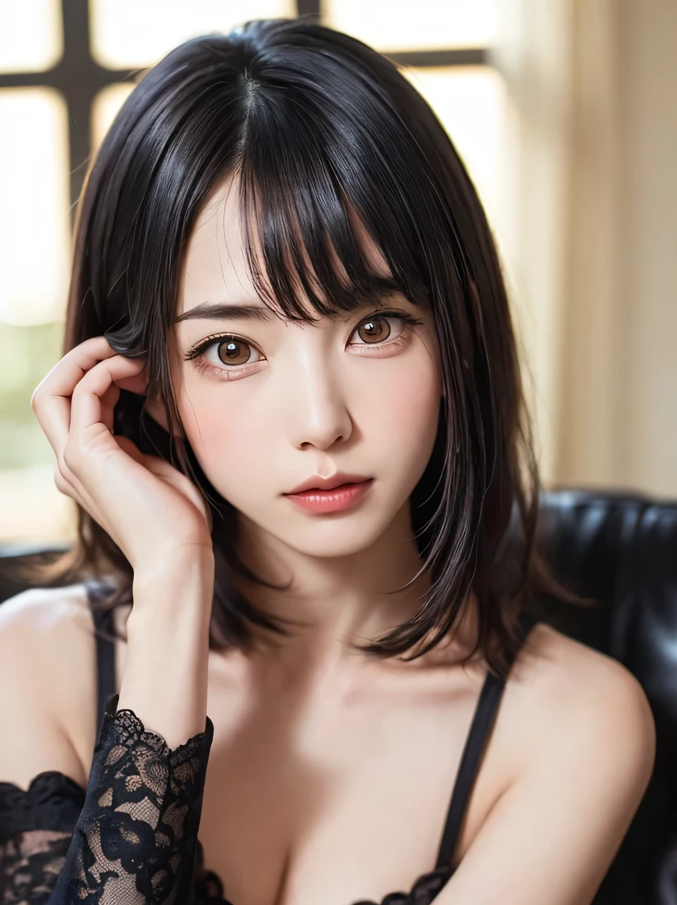 (software:1.8, masterpiece, highest quality), an anime drawing of a woman with breasts on her shoulder bending down, 1girl, solo, facial, cum, cum on hair, breasts, cupping hands, blush, detached sleeves, cum on hands, yellow eyes, own hands together, short hair, cum on body