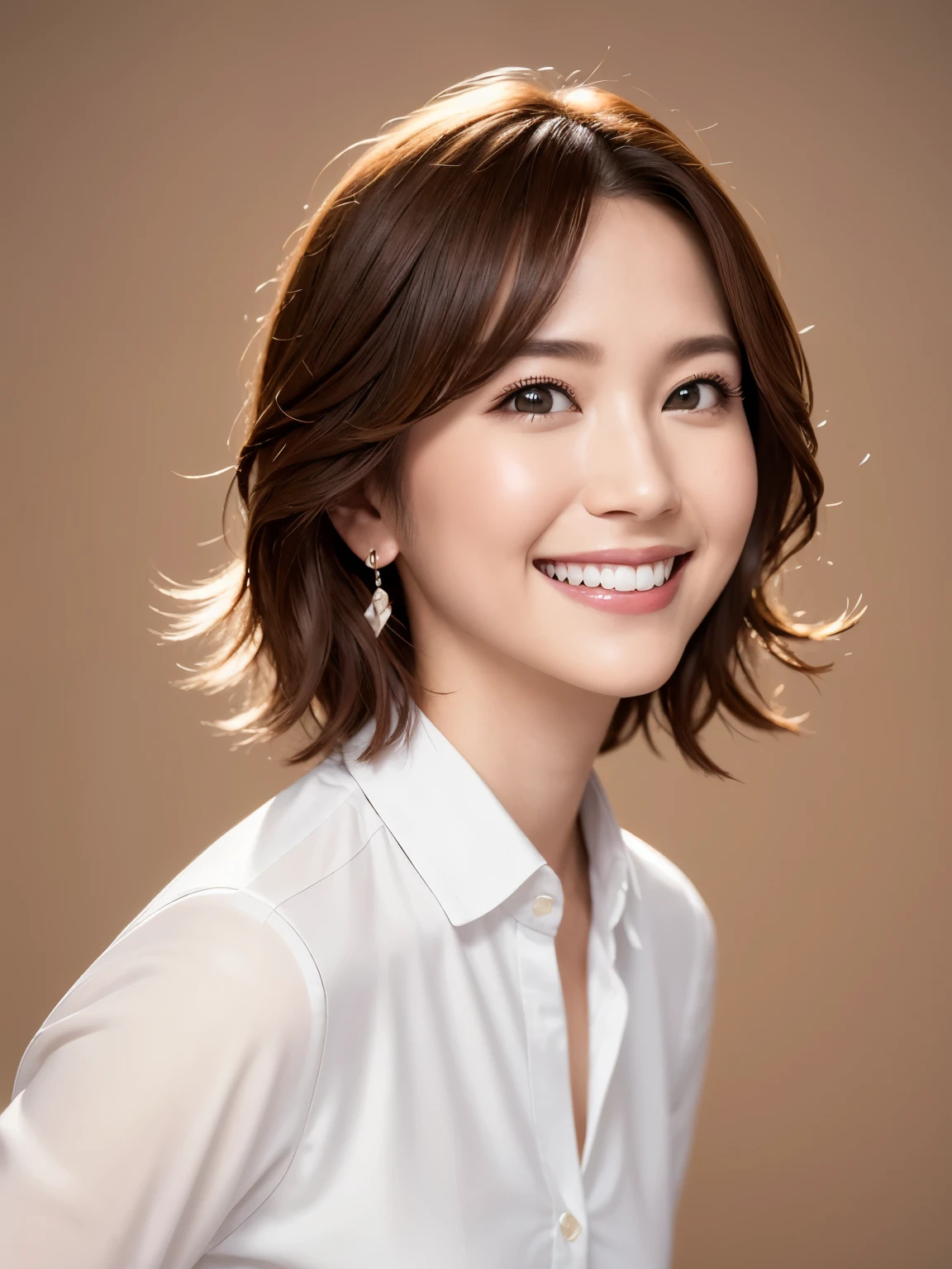 highest quality, whole body, masterpiece, Ultra-high resolution, Realistic, Very detailed, Professional lighting smile, Eagle Nose, short hair, White shirt, Face Length