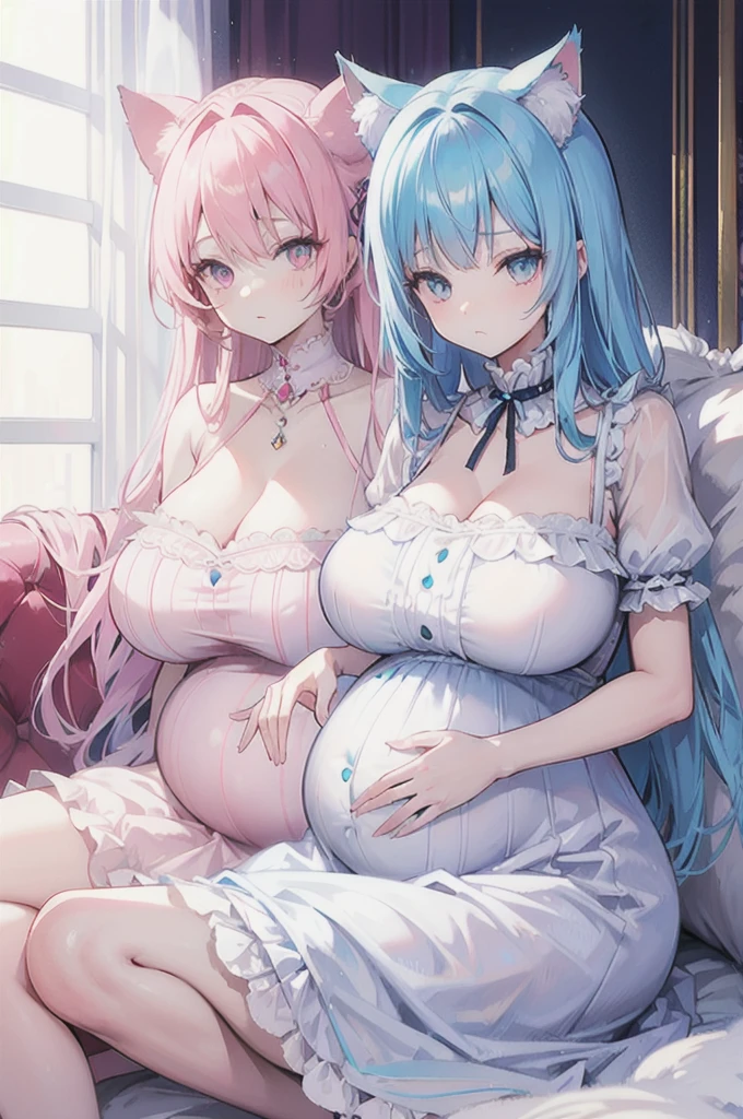 light blue hair，Cat ears，Pink Eyes，Light blue lolita，In the room，Sitting on the sofa,(Pregnant，Huge breasts：1.8)