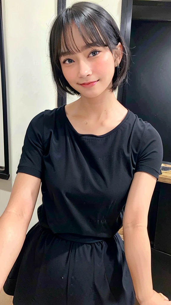 black shirt, cowboy shot, masterpiece, beautiful, (1girl, freya jkt48, lips, black eyes, short hair,closed mouth, little smile, photorealistic:1.3), looking at viewer, huge breast, proportional size breast, bathroom, ((Best quality, 8k,low pov, tight black shirt, Masterpiece :1.3)), pregnant:1.5