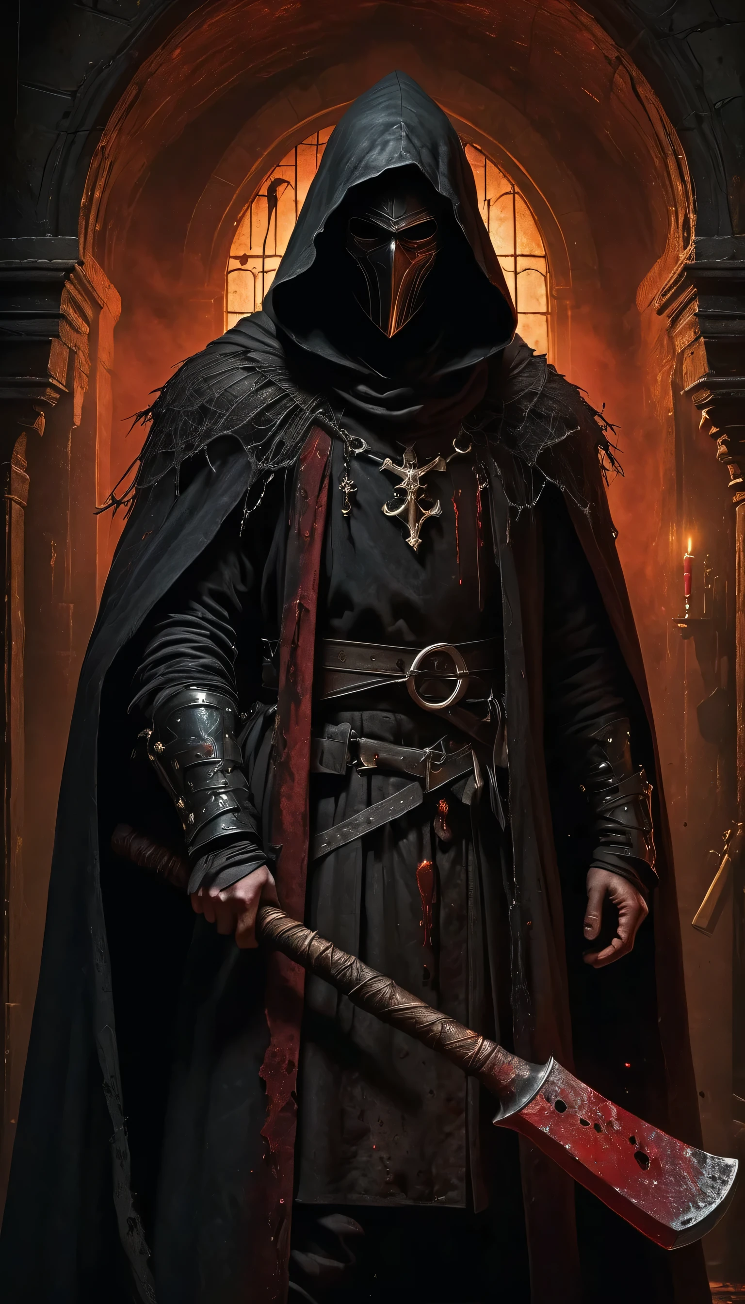 A gothic executioner in a dimly lit chamber, wearing a blood-stained black hood and cloak, holding a rusted axe. Detailed cobwebs cover the walls, and eerie shadows dance in the flickering candlelight. The executioner's face is masked, but his eyes gleam with a sinister intent. The atmosphere is filled with the scent of dampness and decay. The scene is rendered in a dark, moody style reminiscent of classical oil paintings, with a focus on realistic textures and intricate details. The color palette is dominated by deep, rich hues of black, gray, and crimson. The lighting is dramatic, casting long, ominous shadows and creating a sense of foreboding. The overall image is of high quality, with ultra-detailed rendering and a photorealistic finish.