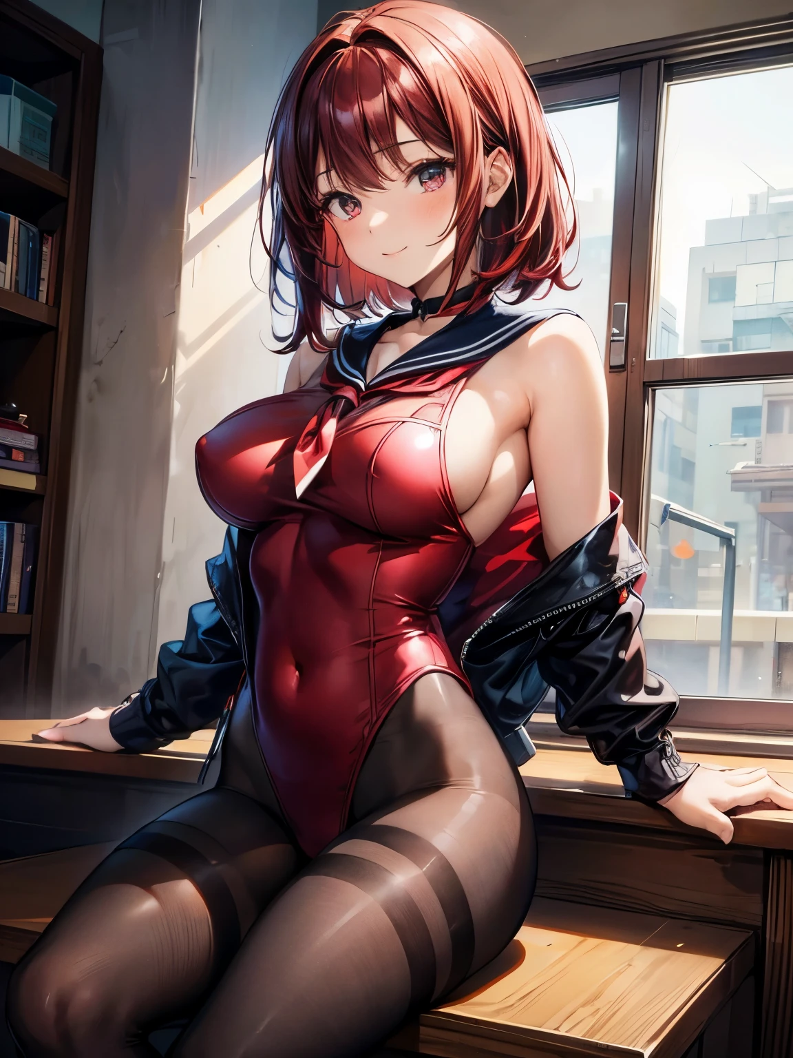 highest quality、Nice sexy body、One Woman、solo、(Beautiful busty woman)、Medium hair woman、((Woman with dark red hair))、high school girl、A woman wearing a sailor-style leotard made of enamel、A woman wearing brown pantyhose、smile、Sexy pose