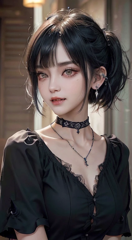 masterpiece, best quality, ultra-detailed, 8K, detailed light, detailed shadow, RAW, (detailed skin),(realistic:1.2), Volumetric Lighting, Best Shadows, Shallow Depth of Field, face focus, 1 girl, face, 18 year old, Portrait Of Stunningly Beautiful Girl, Delicate Beautiful Attractive Face With Alluring Eyes, fine detailed eyes, Broadly Smiling, Open Mouth, Fangs Out, Lovely huge Breasts, Blush Eyeshadow, blue hair, ((Medium short hair)), ((messy Hair)), (Short hair), (((Unkempt hair))), ((big sized short twin tails)), ((diagonal bangs, blunt bangs, slant bangs, straight bangs)), ((Yellow eyes, yellow color contact lens, slant eyes)), ((thick eyebrows)), fangs, (((Spiteful smile, smirk, fangs))), ((wearing black short sleeve shirt)), spike choker, huge breasts, facial piercings, lots of earrings, tattoos, highly detailed fine art, (finely detailed beautiful eyes and detailed face), delicate depiction of facial features, detailed metal jewelry, (Highest Quality, Amazing Details:1.25), (Solo:1.3), Masterpiece, high quality, Brilliant Colorful Paintings