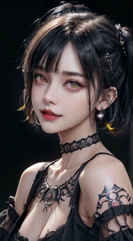 masterpiece, best quality, ultra-detailed, 8K, detailed light, detailed shadow, RAW, (detailed skin),(realistic:1.2), Volumetric Lighting, Best Shadows, Shallow Depth of Field, face focus, 1 girl, face, 18 year old, Portrait Of Stunningly Beautiful Girl, Delicate Beautiful Attractive Face With Alluring Eyes, fine detailed eyes, Broadly Smiling, Open Mouth, Fangs Out, Lovely huge Breasts, Blush Eyeshadow, blue hair, ((Medium short hair)), ((messy Hair)), (Short hair), (((Unkempt hair))), ((big sized short twin tails)), ((diagonal bangs, blunt bangs, slant bangs, straight bangs)), ((Yellow eyes, yellow color contact lens, slant eyes)), ((thick eyebrows)), fangs, (((Spiteful smile, smirk, fangs))), ((wearing black short sleeve shirt)), spike choker, huge breasts, facial piercings, lots of earrings, tattoos, highly detailed fine art, (finely detailed beautiful eyes and detailed face), delicate depiction of facial features, detailed metal jewelry, (Highest Quality, Amazing Details:1.25), (Solo:1.3), Masterpiece, high quality, Brilliant Colorful Paintings