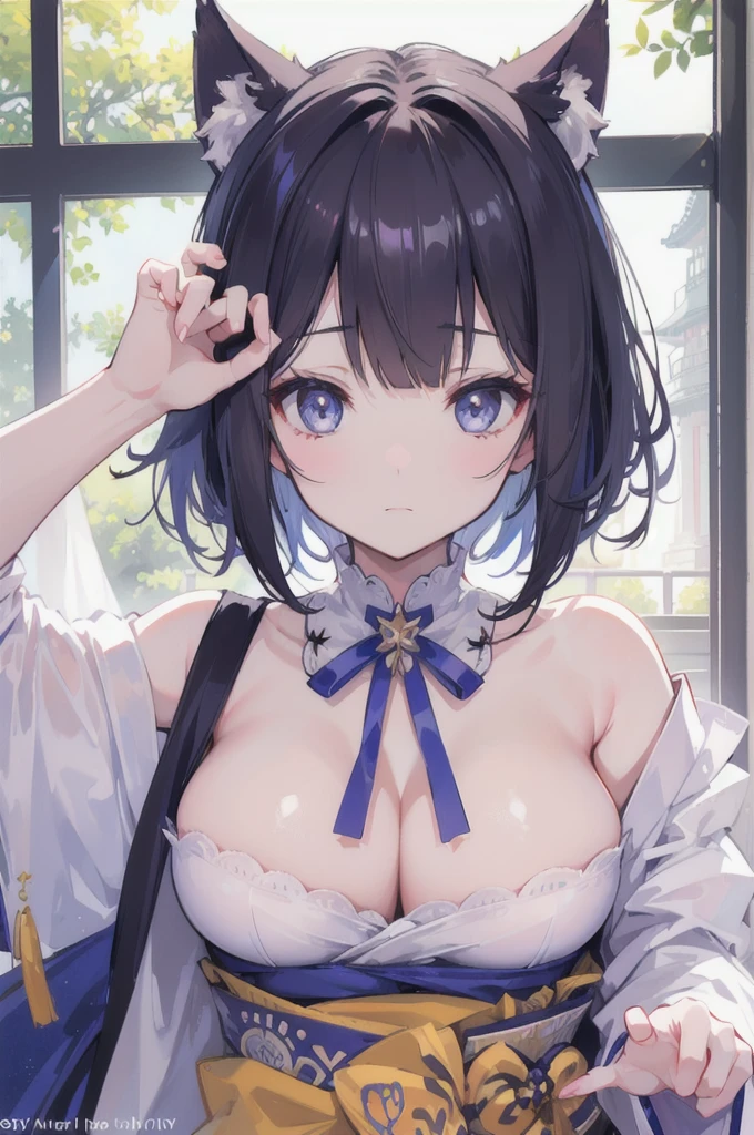 (8k, original photo, best quality, masterpiece:1.2), lexistdexist (Azur Lane), fantasy_world, 1 girl, (Egiosar:1), Lovely, senility, (Japanese Pop_Idol), Delicate and beautiful skin, Huge breasts, Animal ears, Black Hair, Cat ears, Gray eyes, short hair, sad hand exist own Face,  (Reality:1.8), Key Points_exist_Face, look down, Raise your arms,  Sunshine Milk, professiexistal lighting, photexist mapping, Radiosity, Physically Based Rendering, daytime, outdoor,