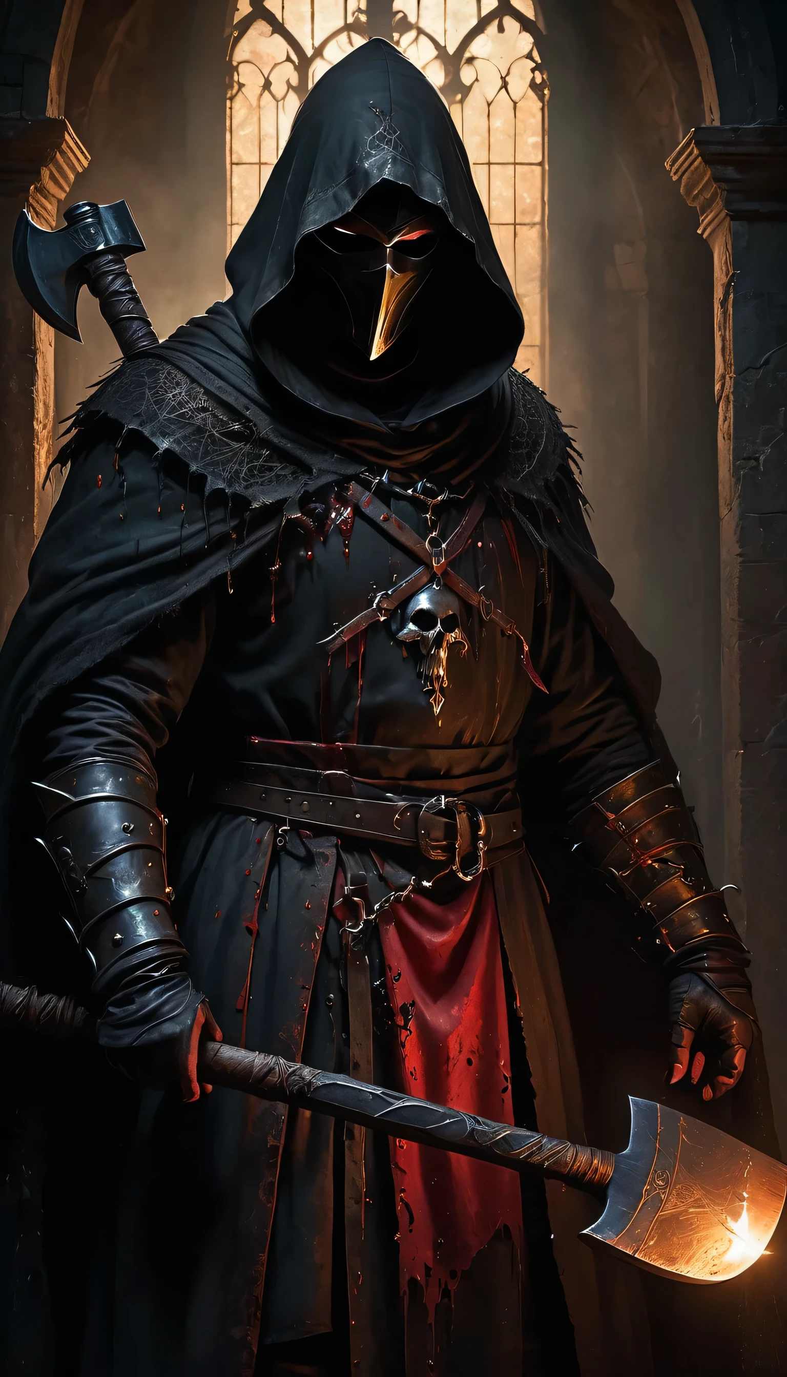 A gothic executioner in a dimly lit chamber, wearing a blood-stained black hood and cloak, holding a rusted axe. Detailed cobwebs cover the walls, and eerie shadows dance in the flickering candlelight. The executioner's face is masked, but his eyes gleam with a sinister intent. The atmosphere is filled with the scent of dampness and decay. The scene is rendered in a dark, moody style reminiscent of classical oil paintings, with a focus on realistic textures and intricate details. The color palette is dominated by deep, rich hues of black, gray, and crimson. The lighting is dramatic, casting long, ominous shadows and creating a sense of foreboding. The overall image is of high quality, with ultra-detailed rendering and a photorealistic finish.