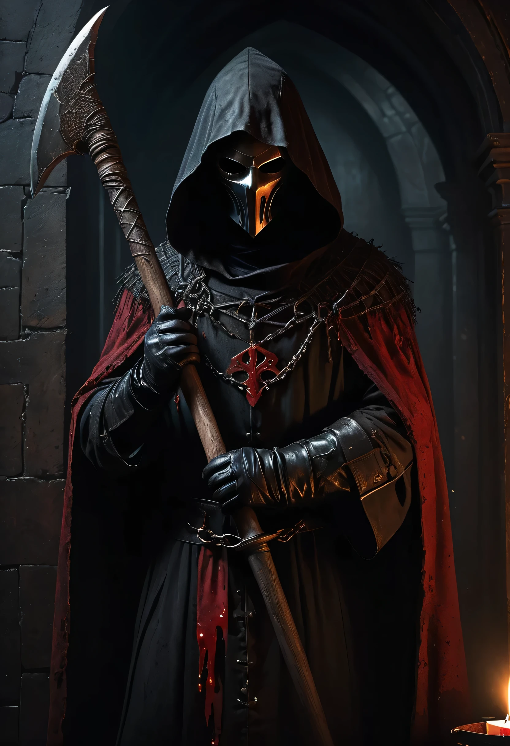 A gothic executioner in a dimly lit chamber, wearing a blood-stained black hood and cloak, holding a rusted axe. Detailed cobwebs cover the walls, and eerie shadows dance in the flickering candlelight. The executioner's face is masked, but his eyes gleam with a sinister intent. The atmosphere is filled with the scent of dampness and decay. The scene is rendered in a dark, moody style reminiscent of classical oil paintings, with a focus on realistic textures and intricate details. The color palette is dominated by deep, rich hues of black, gray, and crimson. The lighting is dramatic, casting long, ominous shadows and creating a sense of foreboding. The overall image is of high quality, with ultra-detailed rendering and a photorealistic finish.