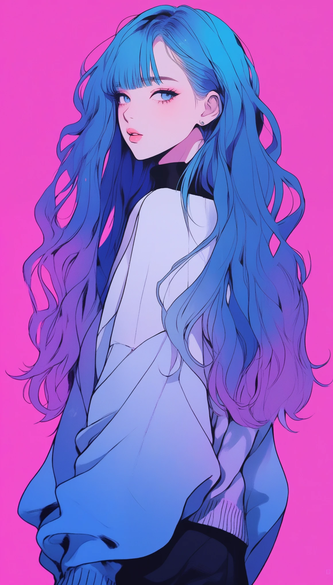 illustrator, anime , realistic ,sketch , 1 girl, ,lip, sweater,order, Blue gradient background, neon hair,Textured trim, Canadian, (masterpiece,Best quality) ganyou