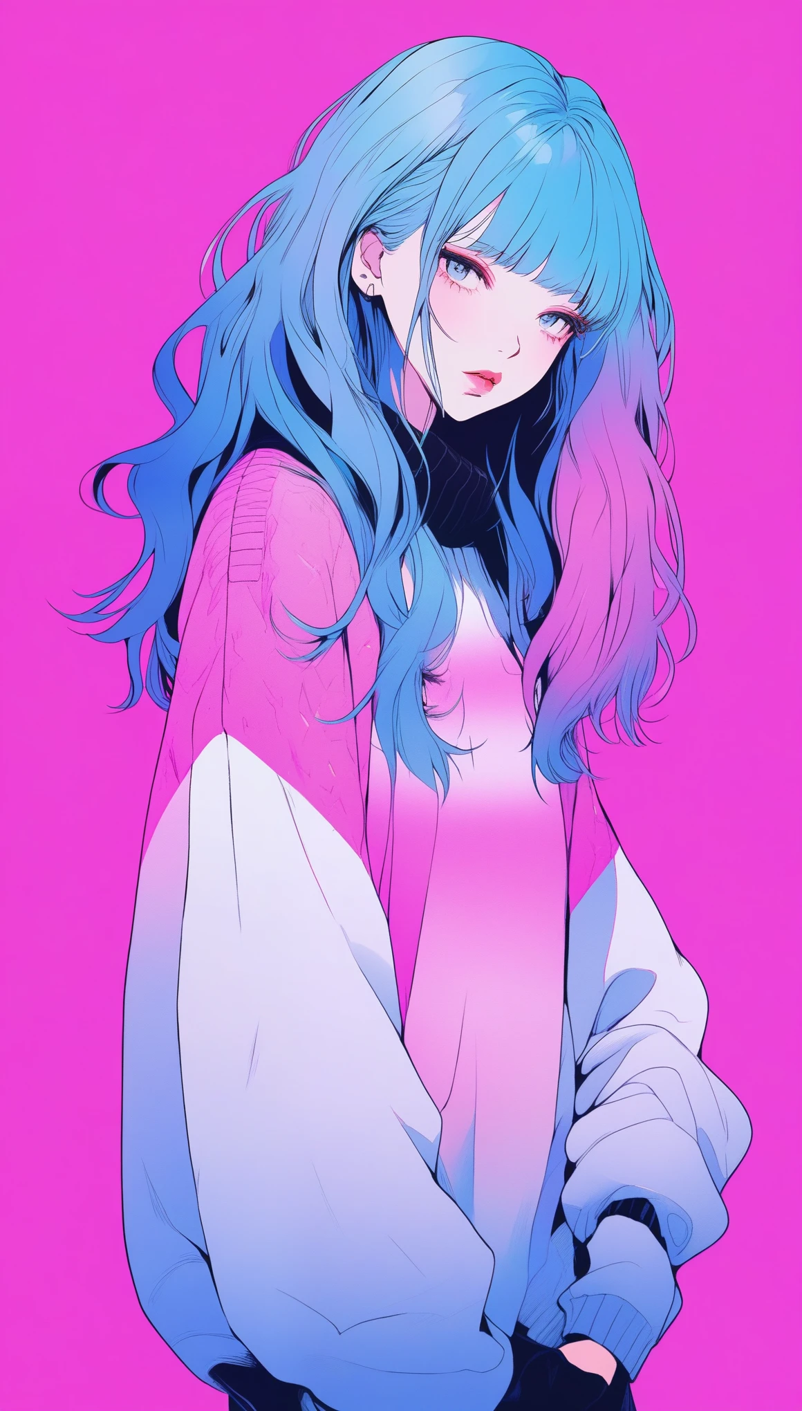 illustrator, anime , realistic ,sketch , 1 girl, ,lip, sweater,order, Blue gradient background, neon hair,Textured trim, Canadian, (masterpiece,Best quality) ganyou