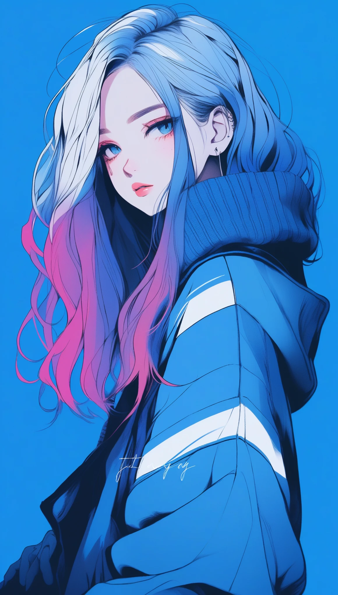 illustrator, anime , realistic ,sketch , 1 girl, ,lip, sweater,order, Blue gradient background, neon hair,Textured trim, Canadian, (masterpiece,Best quality) ganyou