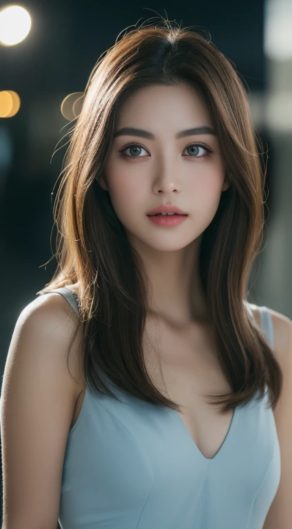 ((Realistic lighting, highest quality, 8k, masterpiece:1.3)), Sharp focus:1.2, One girl, Sexy body, perfect beauty:1.4, Slim Abs:1.1, ((Dark brown hair)), (body，Machine skeleton，Transparent tulle:1.4）,（Exterior，at night：1.1），City streets，Ultra-fine face，Beautiful Eyes，double eyelid，Robocop，AUTO-9 Semi-automatic pistol，