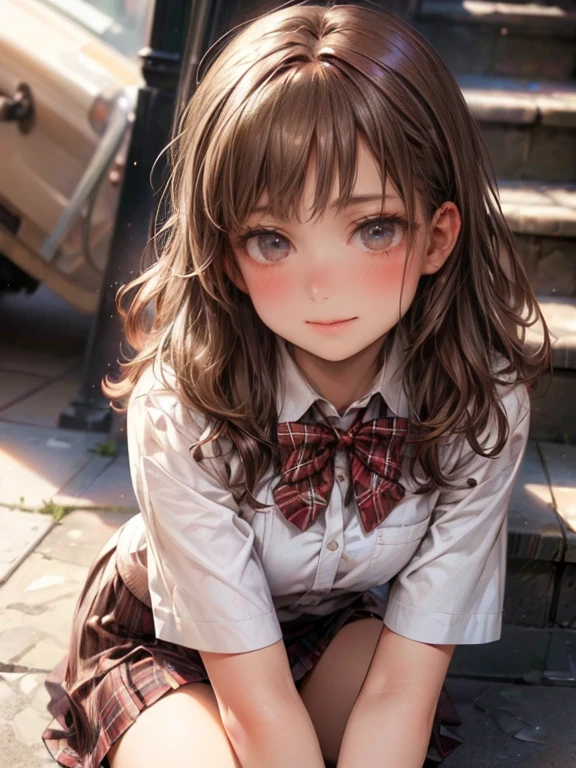 (best quality, highres, masterpiece: 1.2,8k), ultra-detailed, (realistic, photorealistic, photo-realistic), cute school girl in, Beautie, gentle  smile, full body seen, ((Middle Wave Hair, Bangs, Brown hair)), ((brown-eyed, beautiful long eyebrows, Realistic eyes)), (Detailed face, Blushing)), ((Smooth texture: 0.75, Realistic texture: 0.65)), Dynamic Angle, Perfect body, (red bowtie, white shirt, plaid skirt)), City staircase, looking up from the bottom of the stairs, very annoying panic smile, sparkling eyes, delicate pupils, shining lips, Beautiful and delicate (hair, eyes, lips, cute face)