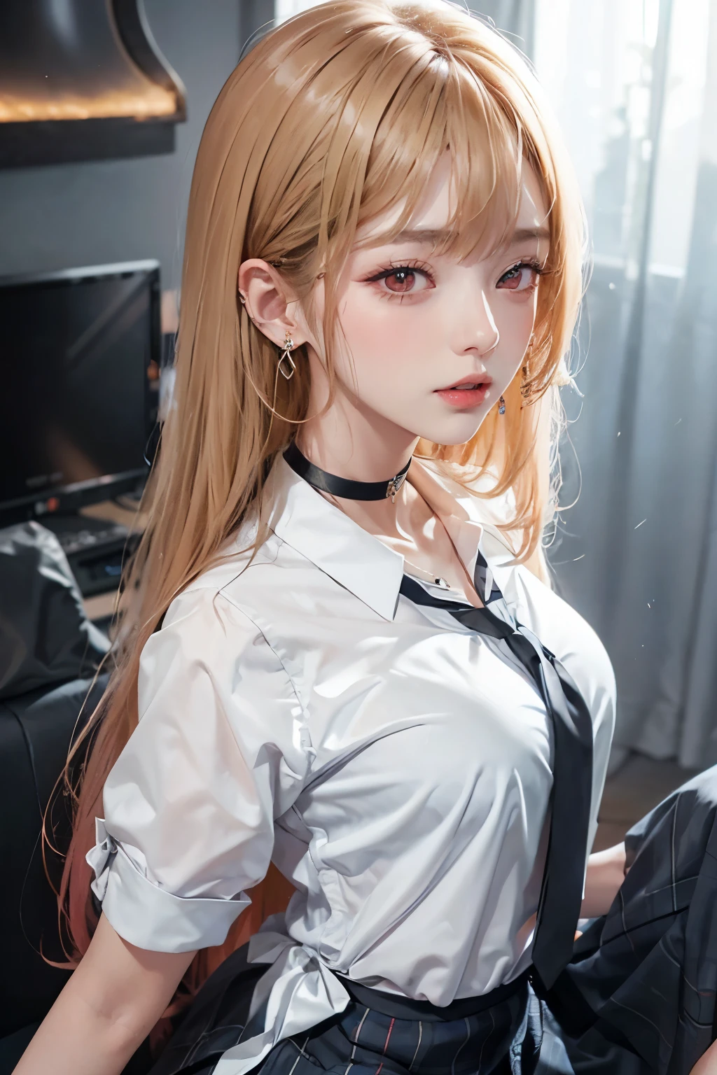 One girl, Long Hair, Earrings, Earrings, jewelry, choker, ear Earrings, tie, black choker, skirt, shirt, View your viewers, white shirt, chest, clavicle, bangs, blue skirt, alone, collared shirt, very Long Hair, black tie, , medium chest, Plaid