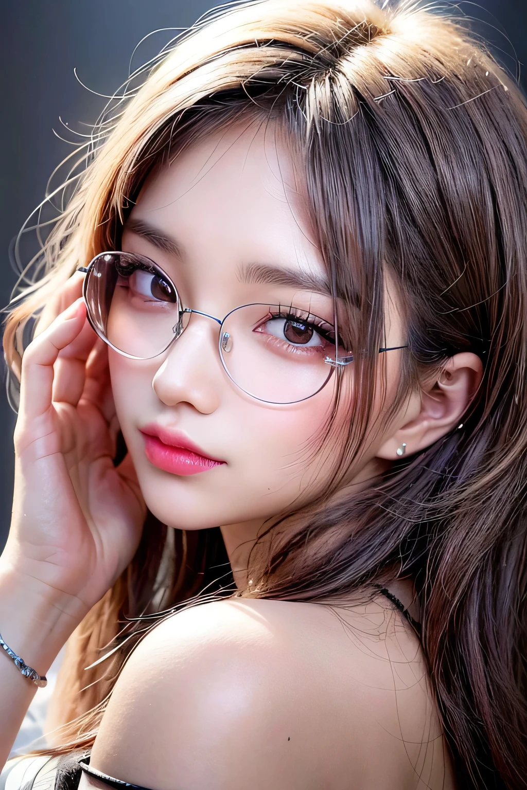 masterpiece, 1 Beautiful Meticulous girl, Fine grain, highest quality, Ultra High resolution, (reality: 1.4), Cinema Lighting, Beautiful Skin, thin, (Ultra-realistic), (High resolution), (8k), (Very detailed), ( Best illustrations), (Beautiful and detailed eyes), (Very detailed), (wallpaper), Detailed face, Bright lighting, Professional Lighting, With a slightly pouty face, Reflective Hair, Beautiful and meticulous girl, Beautiful and fine details, Detailed facial features, Beautiful and delicate eyes, Attractive face, Part your lips, Beautiful and elaborate face, Beautiful and delicate eyes, beautiful butt, a big rimmed glasses, Round eyes, Swollen eyes, Round eyes, double-edged eyelids, Slightly pointy lips, Glossy lips, Apply blush, smile, (wink:1.3),