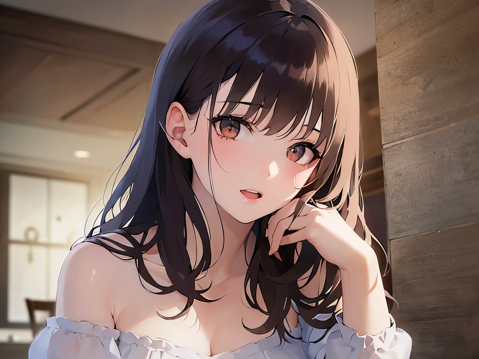 Biologically correct five fingers、cinematic angle, Upper Body, Realistic, real person, (pale skin: 1.2), RAW photo, photorealistic, portrait photography, shiny skin, shiny hair、(A 25-year-old woman with medium-length hair and bangs) and (wavy hair) and (brown hair) and (orange eyes) , (white:1.5) and (Off-the-shoulder blouse)、sad, open mouth, , The background is the living room at night、dark、Alone、Are standing