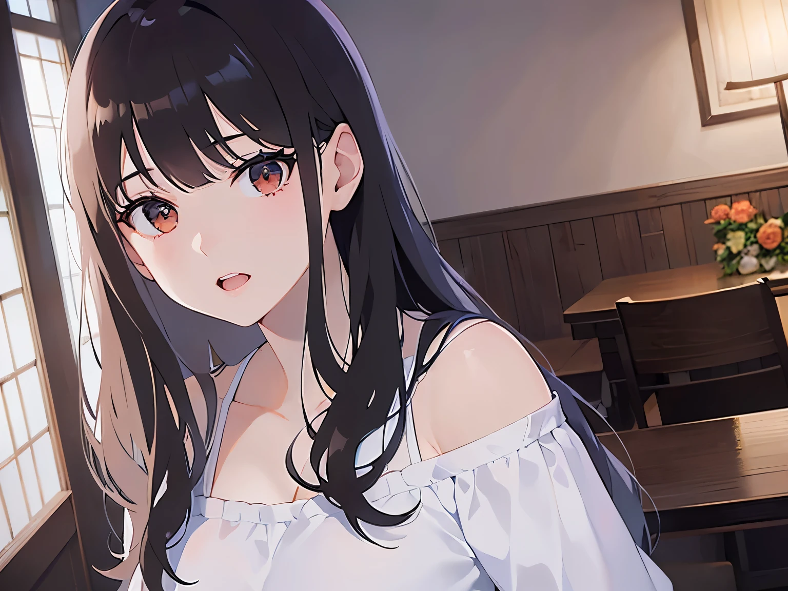 Biologically correct five fingers、cinematic angle, Upper Body, Realistic, real person, (pale skin: 1.2), RAW photo, photorealistic, portrait photography, shiny skin, shiny hair、(A 25-year-old woman with medium-length hair and bangs) and (wavy hair) and (brown hair) and (orange eyes) , (white:1.5) and (Off-the-shoulder blouse)、sad, open mouth, , The background is the living room at night、dark、Alone、Are standing