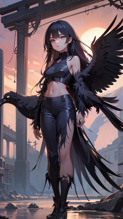 Masterpiece, Best Quality, filmstill, 1girl, monstergirl, Crow Woman, full - body, Portrait, Detailed (eyes), Long (Hair), the perfect body, proportional body, crow|Raven Wings, A Deep Look, wearing (Top & Pants), a closeup of a, Cool soft lighting, Sunset, (aura:0.7)