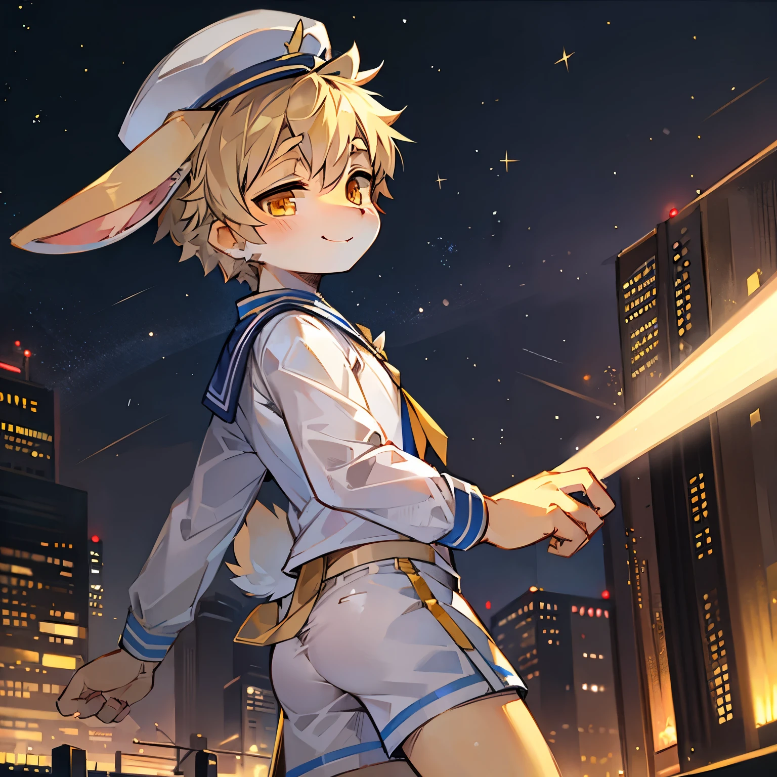 Bright outside,Lop-eared rabbit boy,Male focus,furry men,Characteristics of three--old ,One meter three height,Golden Eyes,Sailor Suit,Sailor Shorts,Sailor hat,Holding bright stars,Smile,City bright background