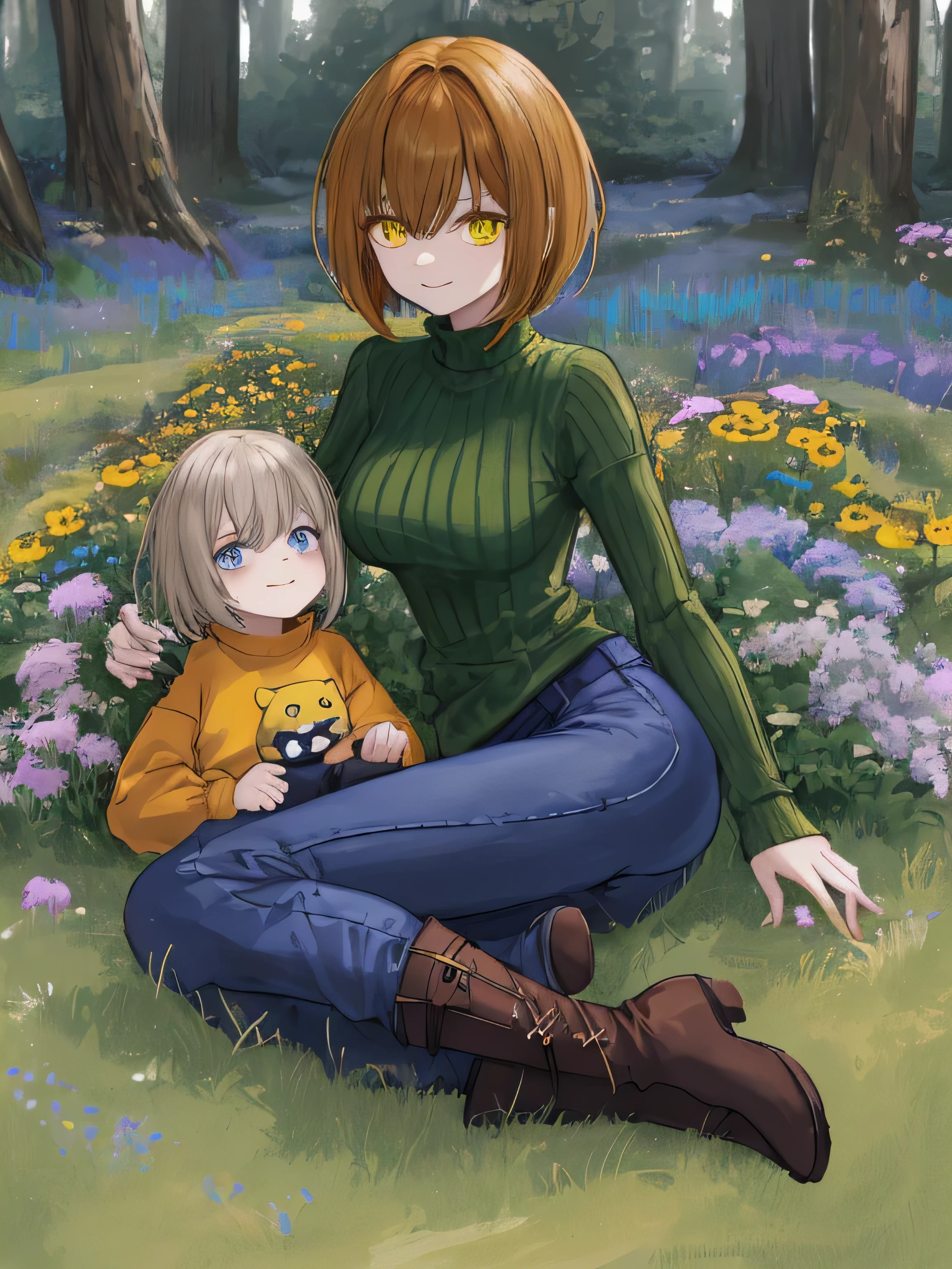 Chara von Undertale, als erwachsene Frau, mit langen braunen Haaren, roten Augen, in a green sweater with yellow stripes, braune Hose, braune Stiefel, zusammen mit ihrem Sohn Frisk von Undertale, als kleines Kind, kurze braune Haare, geschlossene Augen, im blauen Pullover mit Lilanen streifen, blaue Hose, braune Stiefel, in ihren Armen, auf einer gelben Blumen Wiese, bei Tag, smiling.