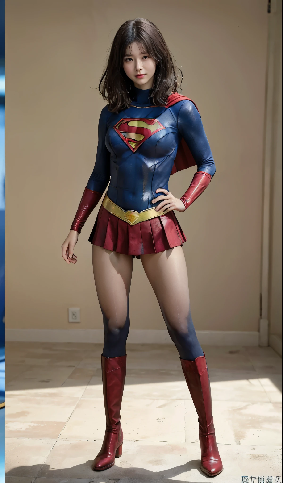 No background、(((Beautiful legs in black tights.)))、(((Legally express the beauty of your smile)))、((((Make the most of your original images)))、(((Supergirl Costume)))、(((Short beautiful hair)))、(((suffering)))、(((Please wear black tights....、Wear red boots)))、((Best image quality、8K))、((highest quality、8K、masterpiece:1.3))、(((Preserve background )))、Sharp focus:1.2、Beautiful woman with perfect figure:1.4、Thin abdominal muscles:1.2、Wet body:1.5、Highly detailed face and skin texture、8K