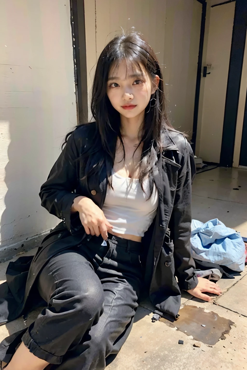 Beautiful black hair with bangs,ストレートミディアムボブカットのHomeless韓国人女性,A 21-year-old Korean woman surrounded by a pile of garbage,Very displeased look,Begging in the city,(((Homeless))),((( Bad smell,Oil,Mud stains,shit,dirty))),(((Frowning,Glaring at the camera))),Very fine eye, Flat Chest,(((Wearing a tattered black coat))),(((Tragic))),(make:1.3),Big eyes,aespakarina,Frowningを寄せた苦しい表情,hiphop dancer,Gangster-style long pants,wearing edg90hh_clothing,8k,High definition