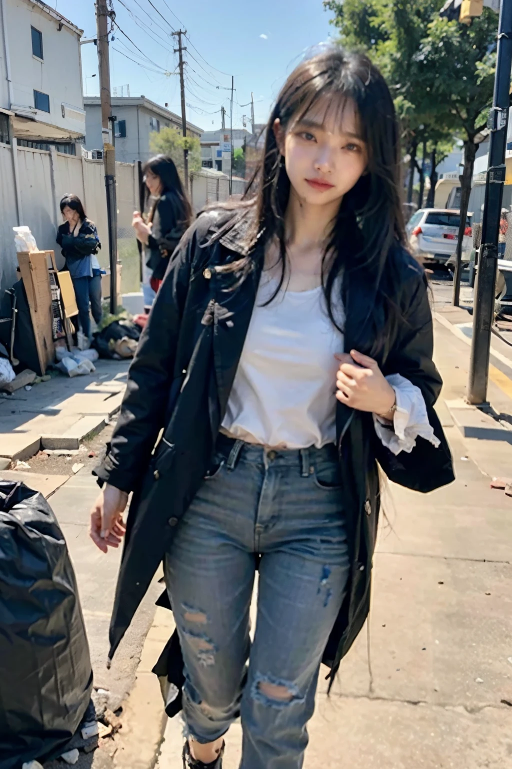 Beautiful black hair with bangs,ストレートミディアムボブカットのHomeless韓国人女性,A 21-year-old Korean woman surrounded by a pile of garbage,Very displeased look,Begging in the city,(((Homeless))),((( Bad smell,Oil,Mud stains,shit,dirty))),(((Frowning,Glaring at the camera))),Very fine eye, Flat Chest,(((Wearing a tattered black coat))),(((Tragic))),(make:1.3),Big eyes,aespakarina,Frowningを寄せた苦しい表情,hiphop dancer,Gangster-style long pants,wearing edg90hh_clothing,8k,High definition