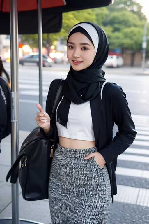 Malay girl in hijab wearing contemporary hijab style, patterned, at college, wearing a backpack, front view, skin details, skin texture details, mole under the eye, small breasts, big hips, big waist, big thighs, slim stomach, beautiful body , Morning , cheerful smile , happy , students in the background , TOKYO Japan at the Bus Stop , Standing with his back to the bus , pose facing the front bokeh ,