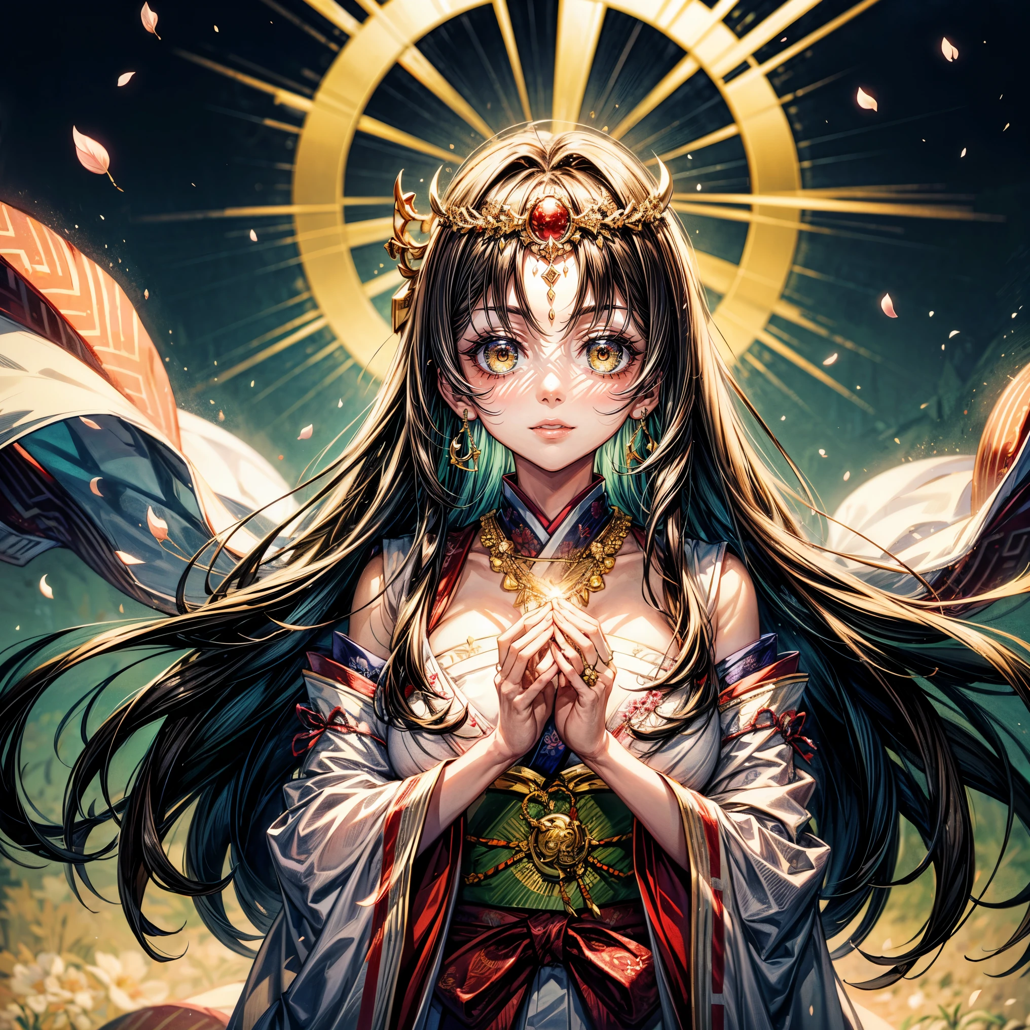 masterpiece,highest quality,Ultra high definition, Amaterasu, Japanese mythology, sun goddess, noble woman, Amaterasu, shining attire, sacred atmosphere, Ama-no-Iwato, beautiful nature, divine light, white and red kimono, long, black straight hair, (light amber eyes), light complexion, golden crown, delicate cherry blossom shaped earrings, necklace with shining sun motif, Gold ornament shining on the forehead, (two-parted bangs), whole body,smile,smiling,Big Sky Background,(hair parted in the middle)